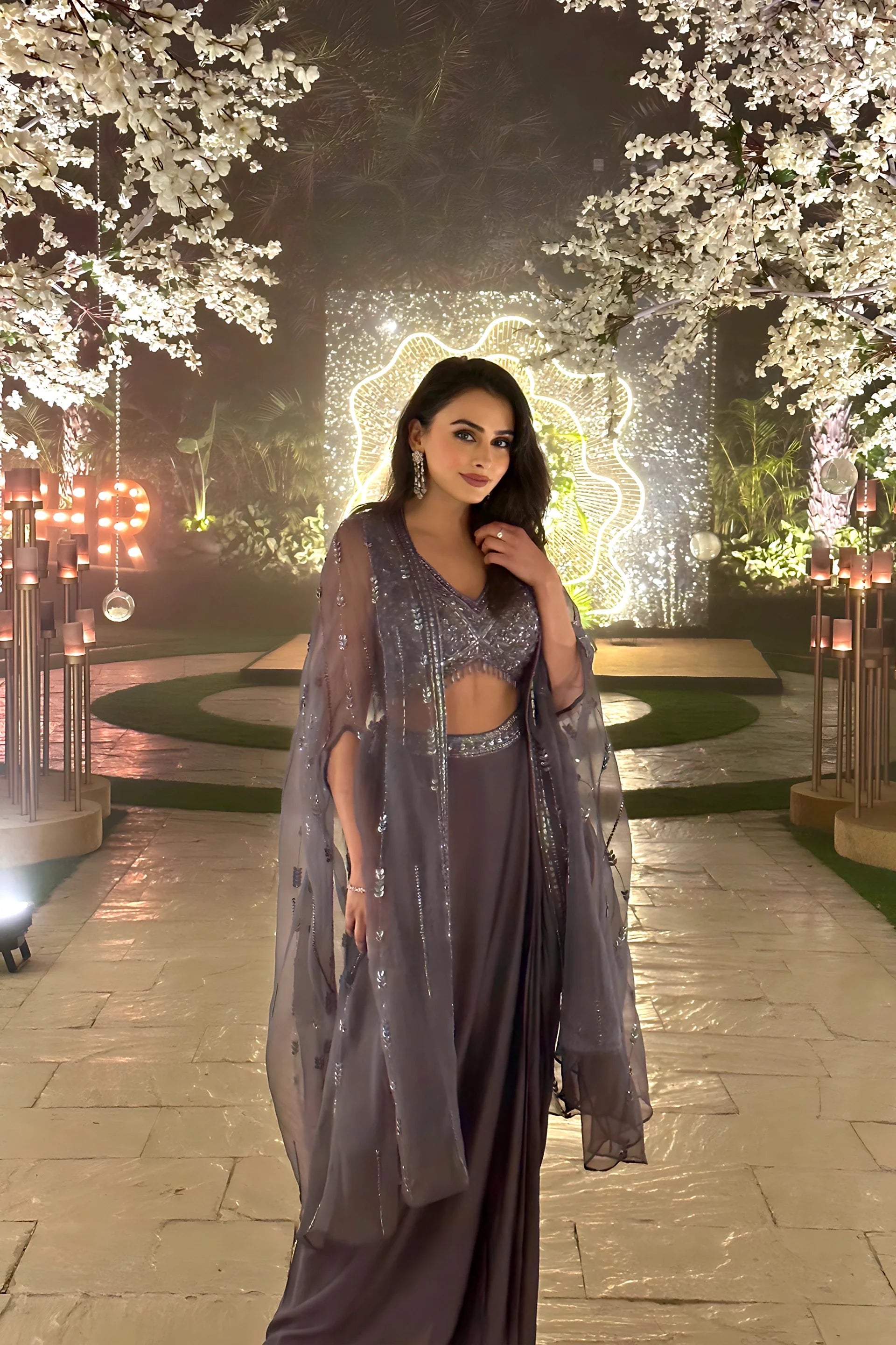 Blouse With Dhoti And Organza Cape - Saisha