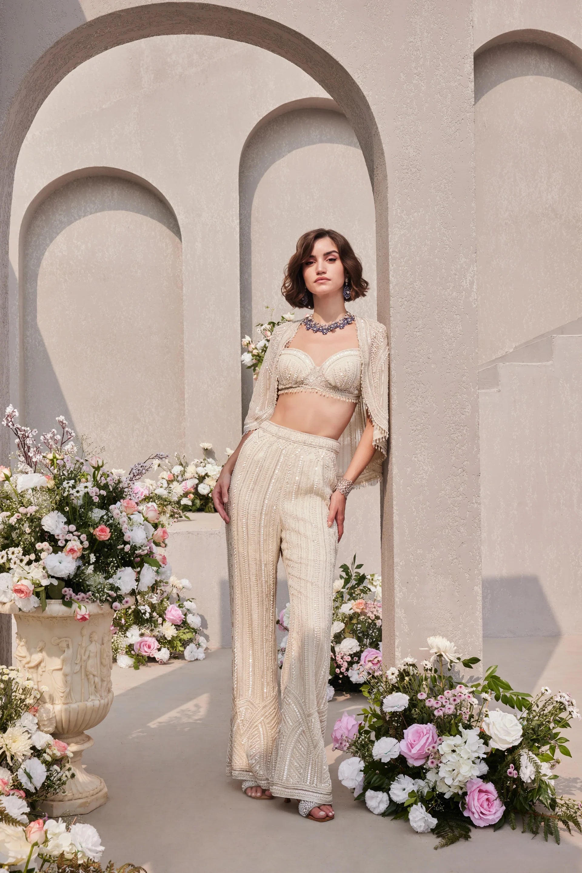 Bralette Top With Short Cape And Bell Bottom - Saisha