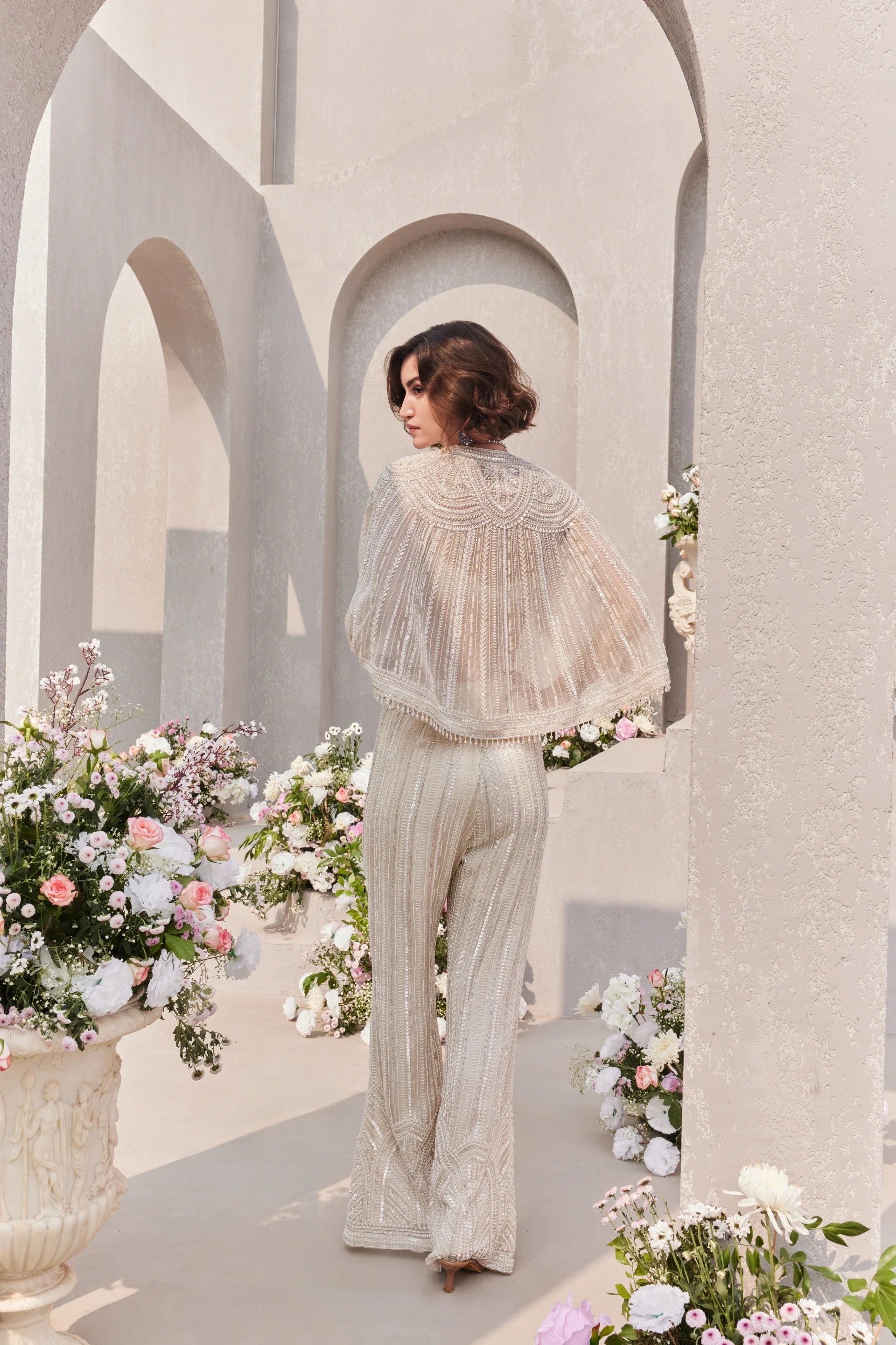 Bralette Top With Short Cape And Bell Bottom - Saisha