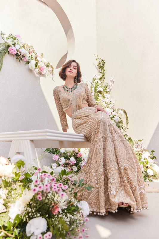 Draped Fish Cut Lehenga Saree With Blouse - Saisha