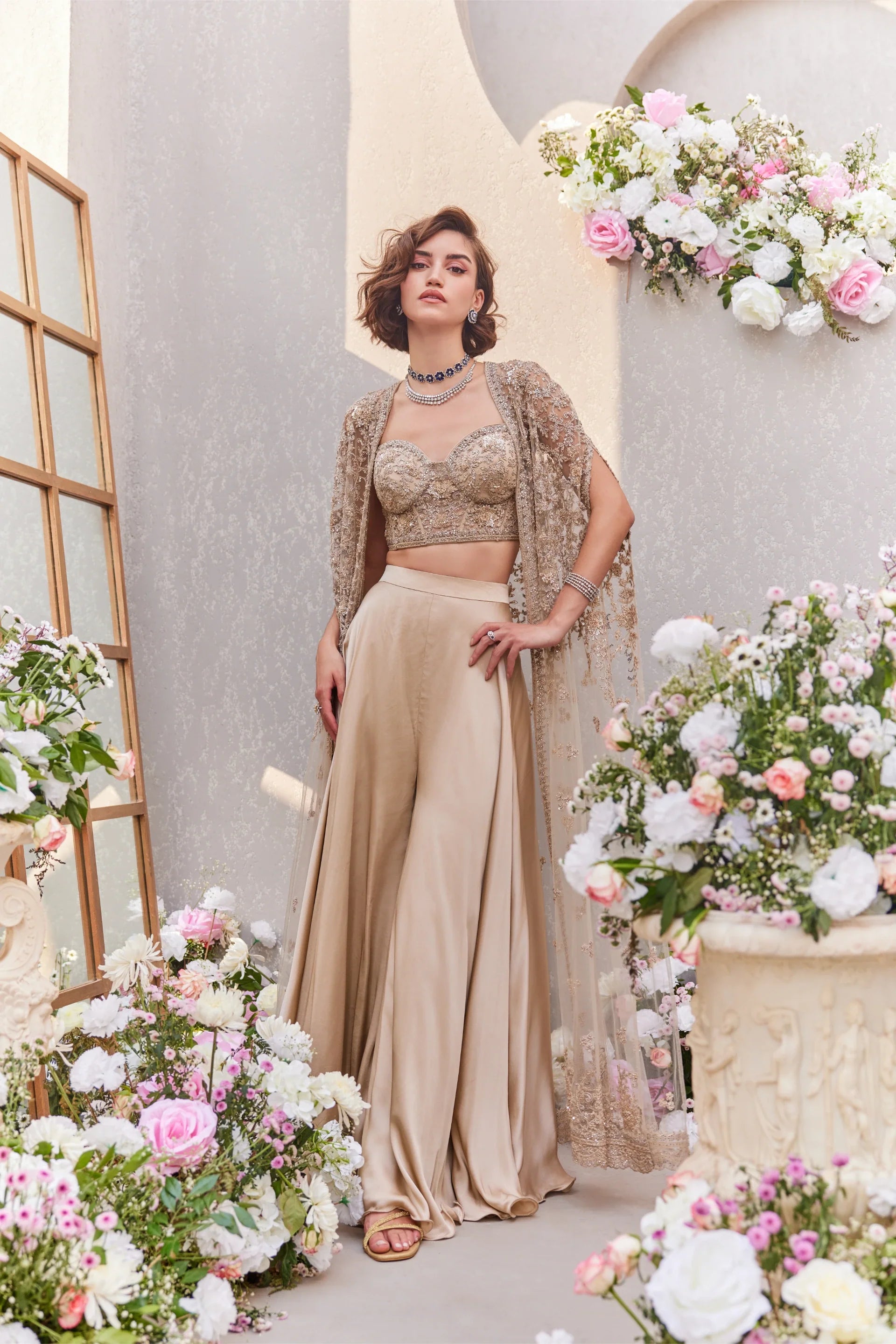 Corset Blouse With Cape And Sharara - Saisha