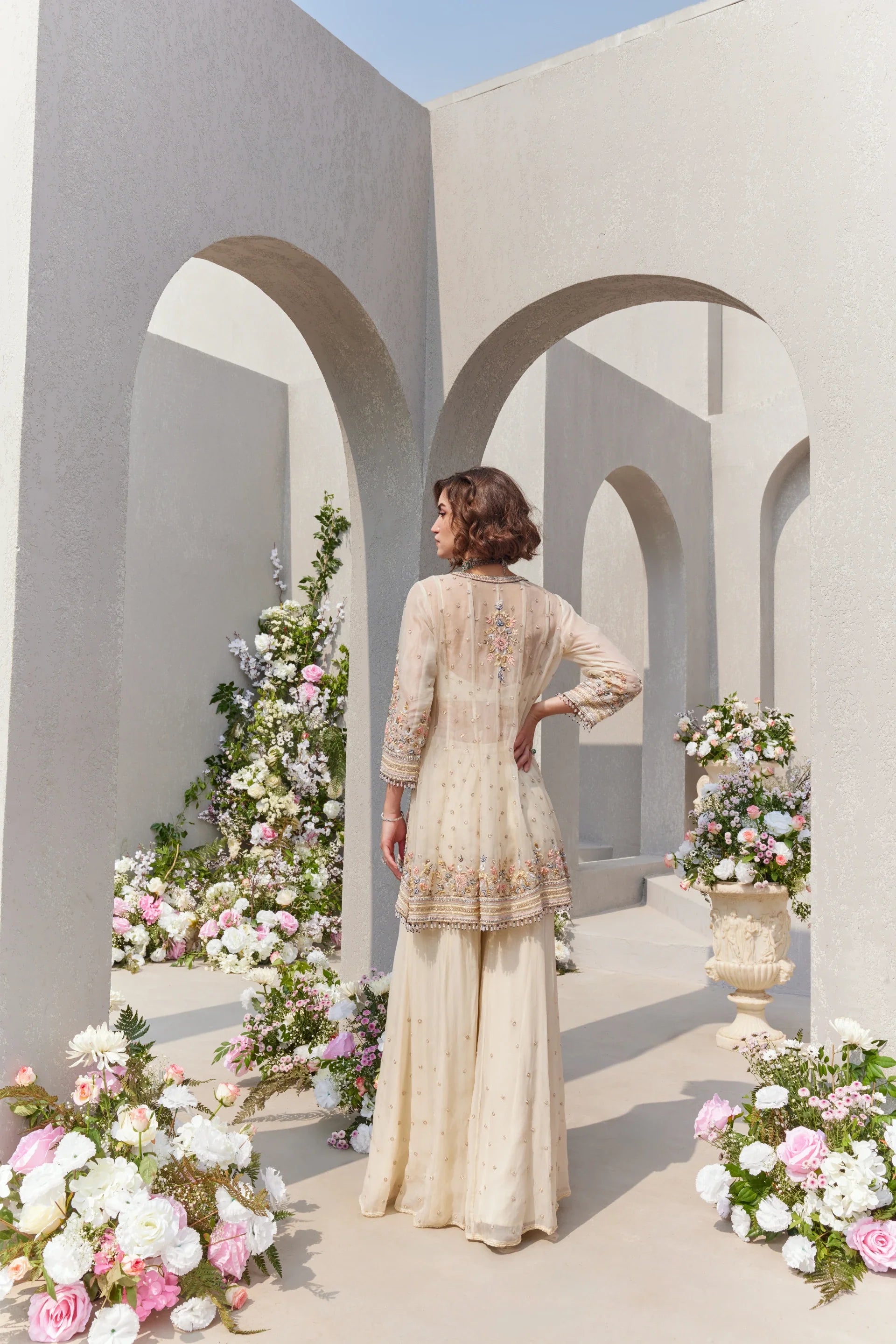 High Low Shirt With Bustier And Sharara - Saisha