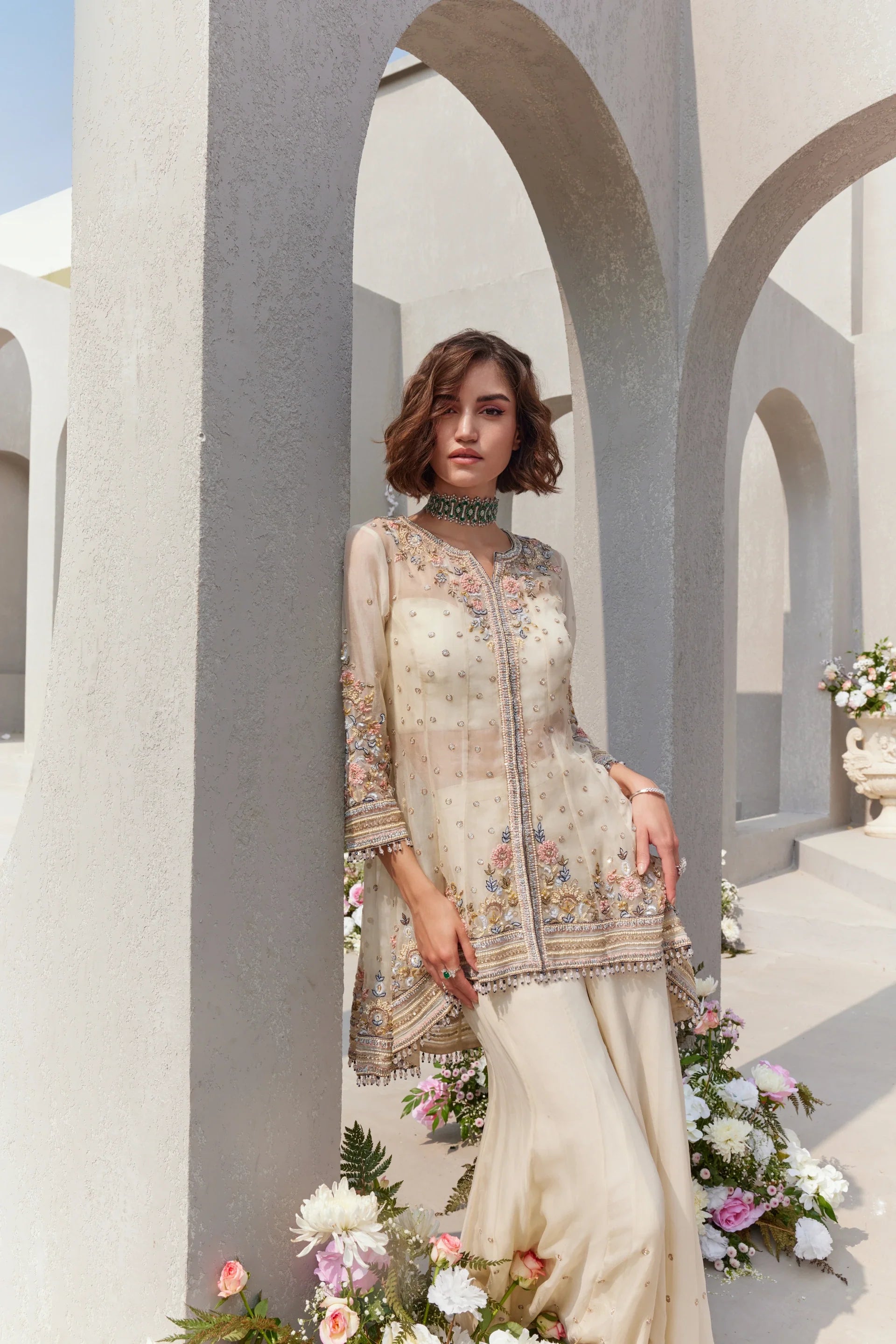 High Low Shirt With Bustier And Sharara - Saisha