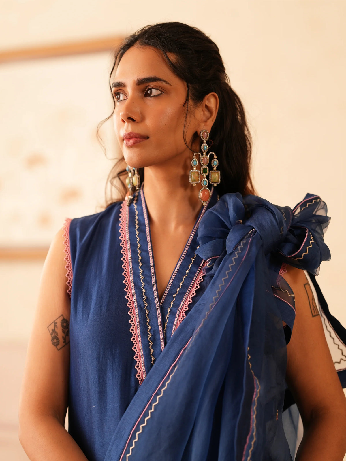 Chanderi Suit With Embroidered Pants And Dupatta