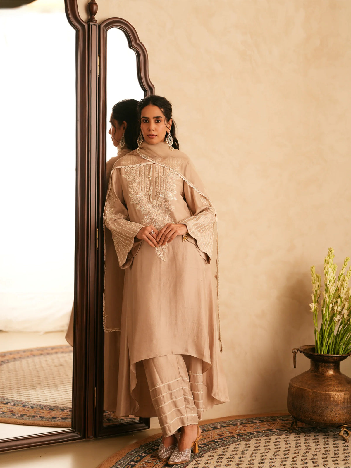Chanderi Suit With Embroidered Pants And Dupatta