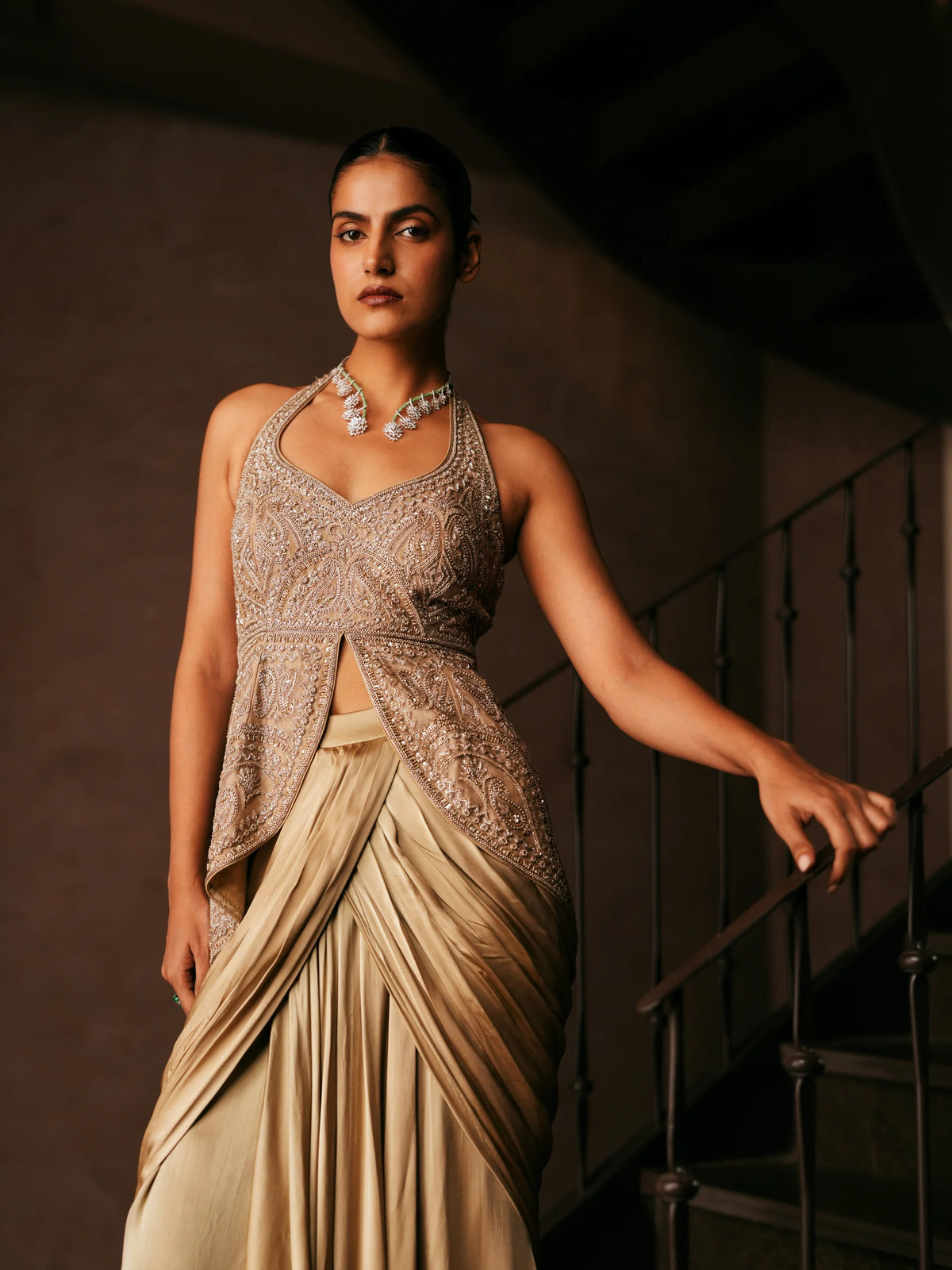 Halter Blouse With Satin Drape Skirt