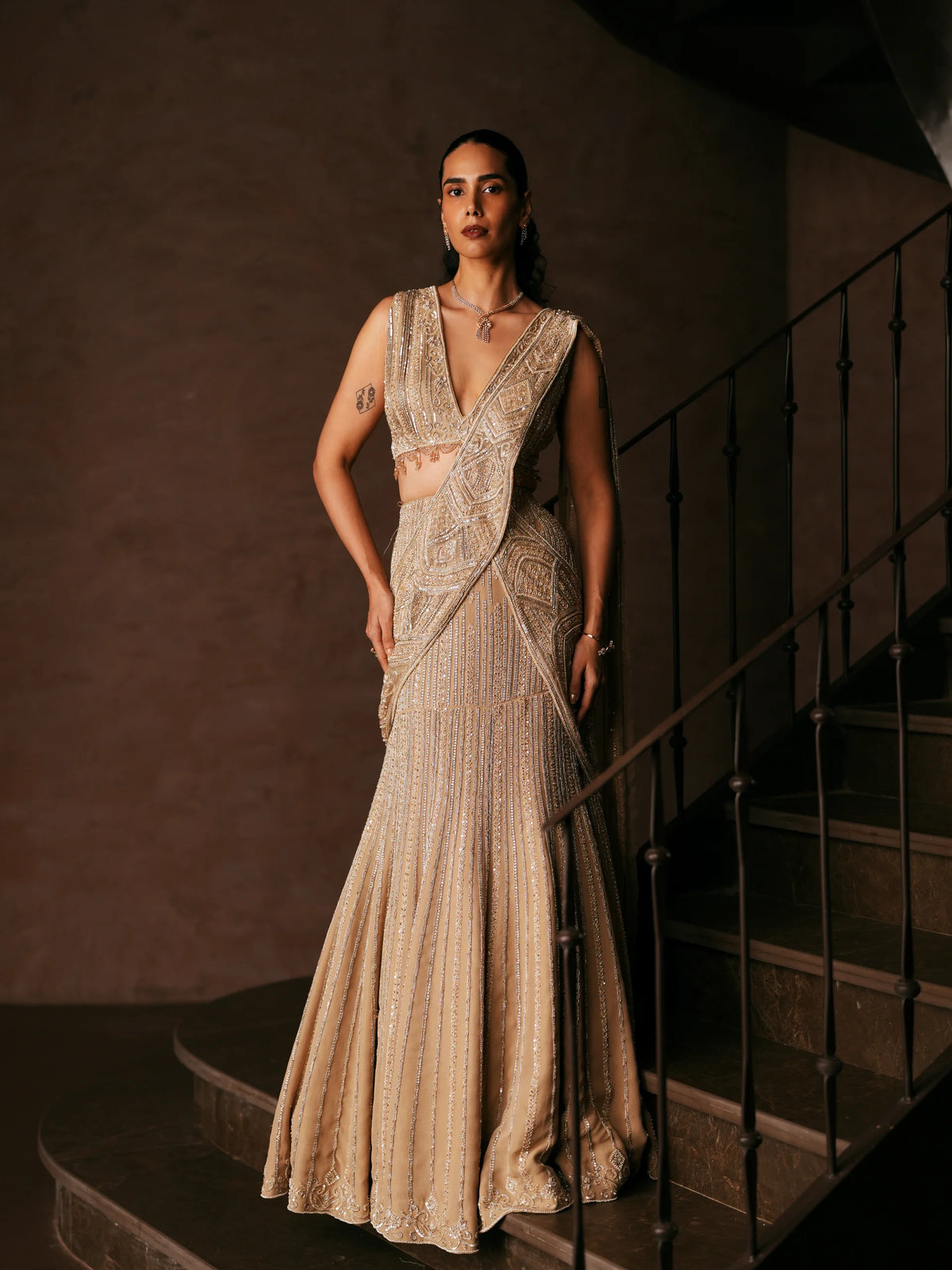 Embroidered Pre-Draped Saree With Blouse