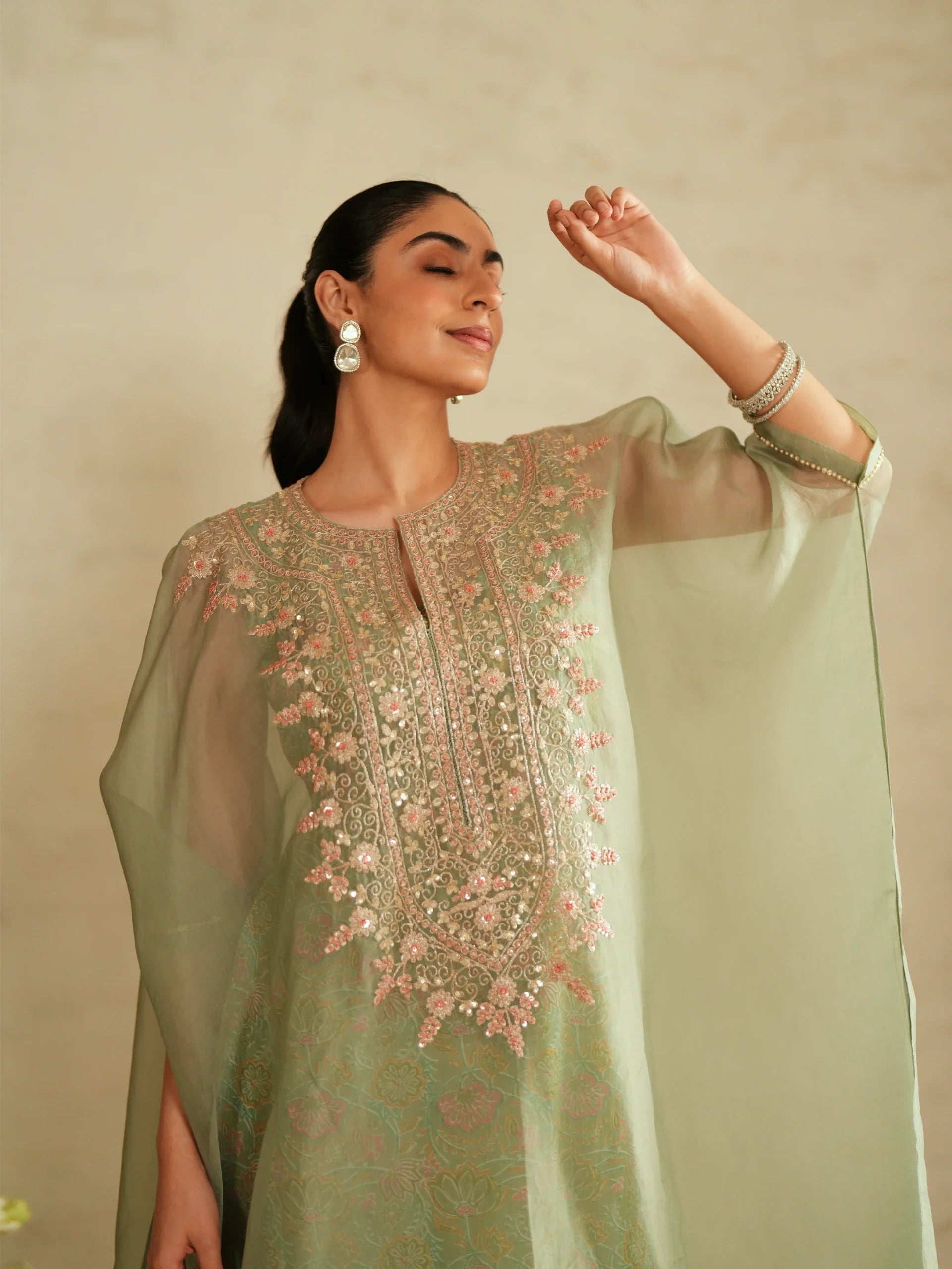 Kaftan With Printed Inner And Straight Pants - Saisha