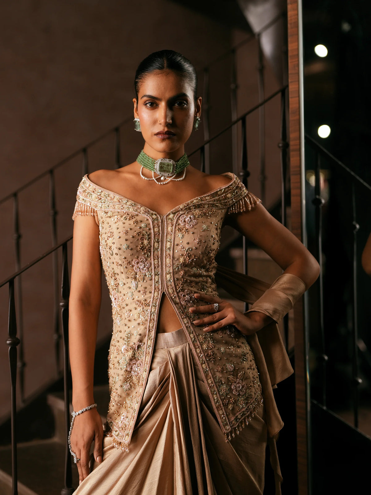 Embroidered Jacket With Draped Dhoti