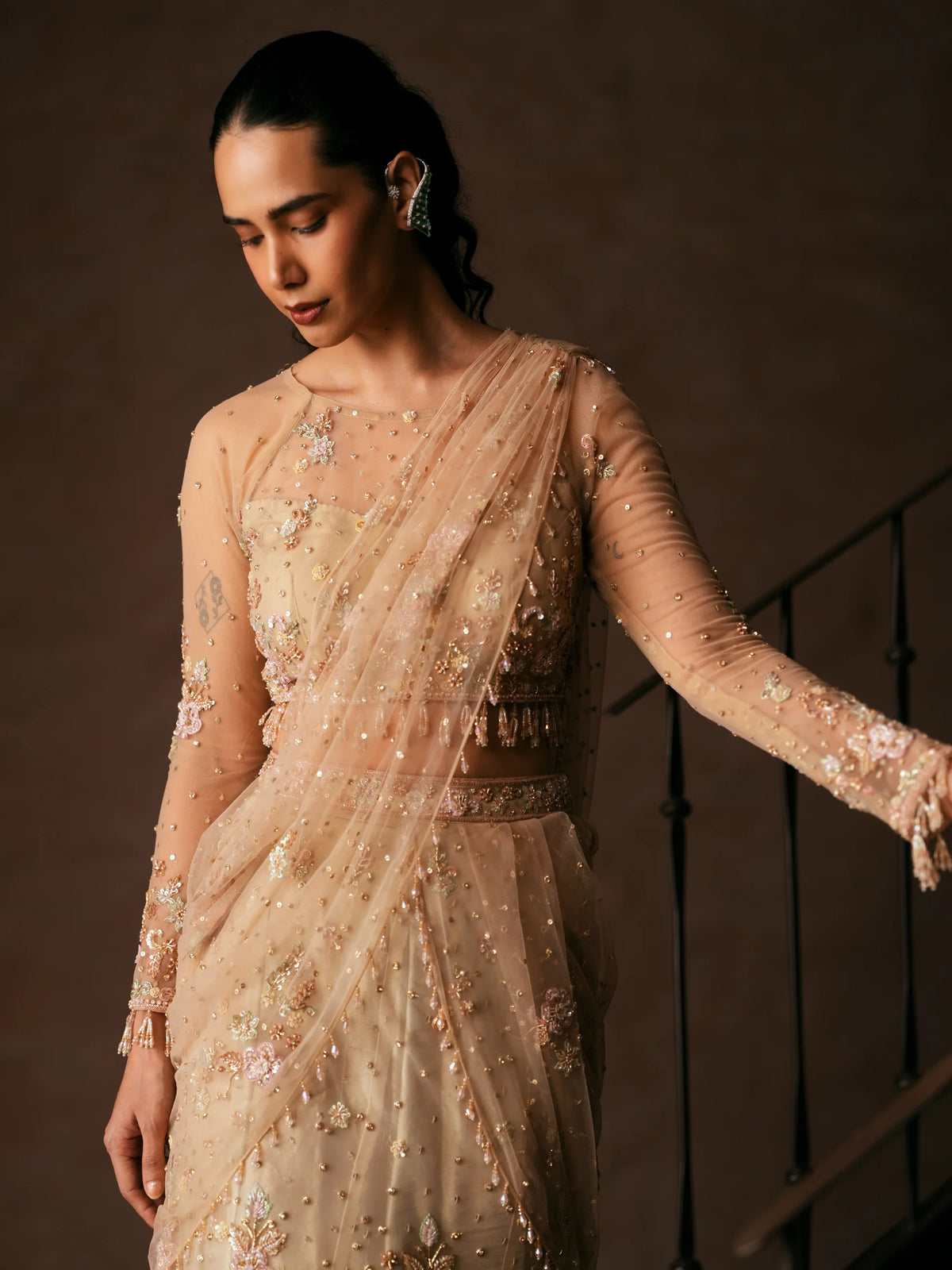 Champagne Floral Embroidered Saree