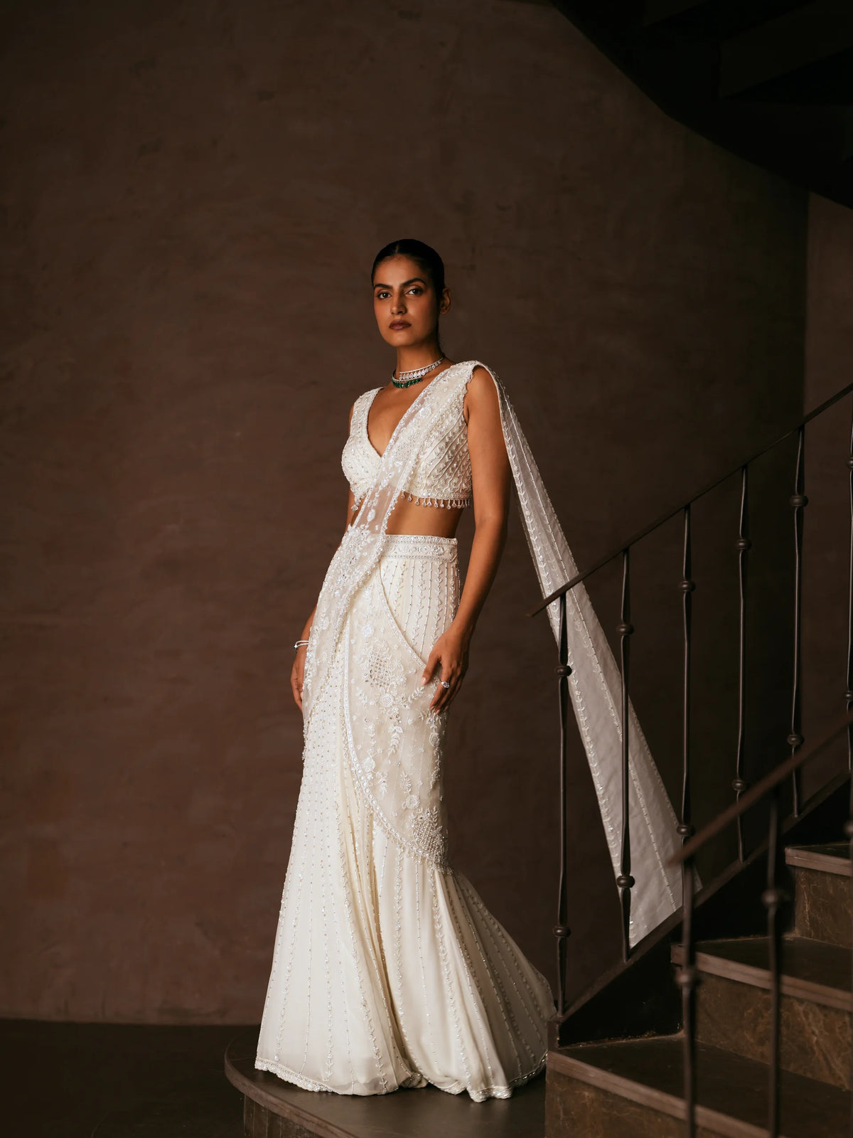 Pearl And Crystal Pre-Draped Saree With Blouse