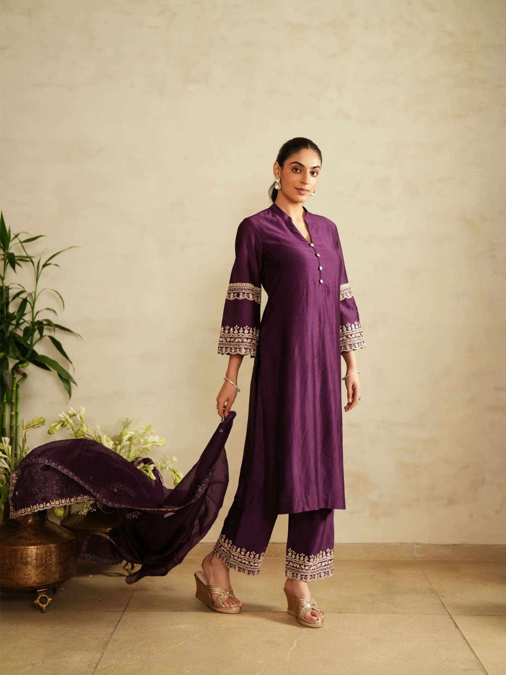 Chanderi Suit With Embroidered Pants And Dupatta - Saisha