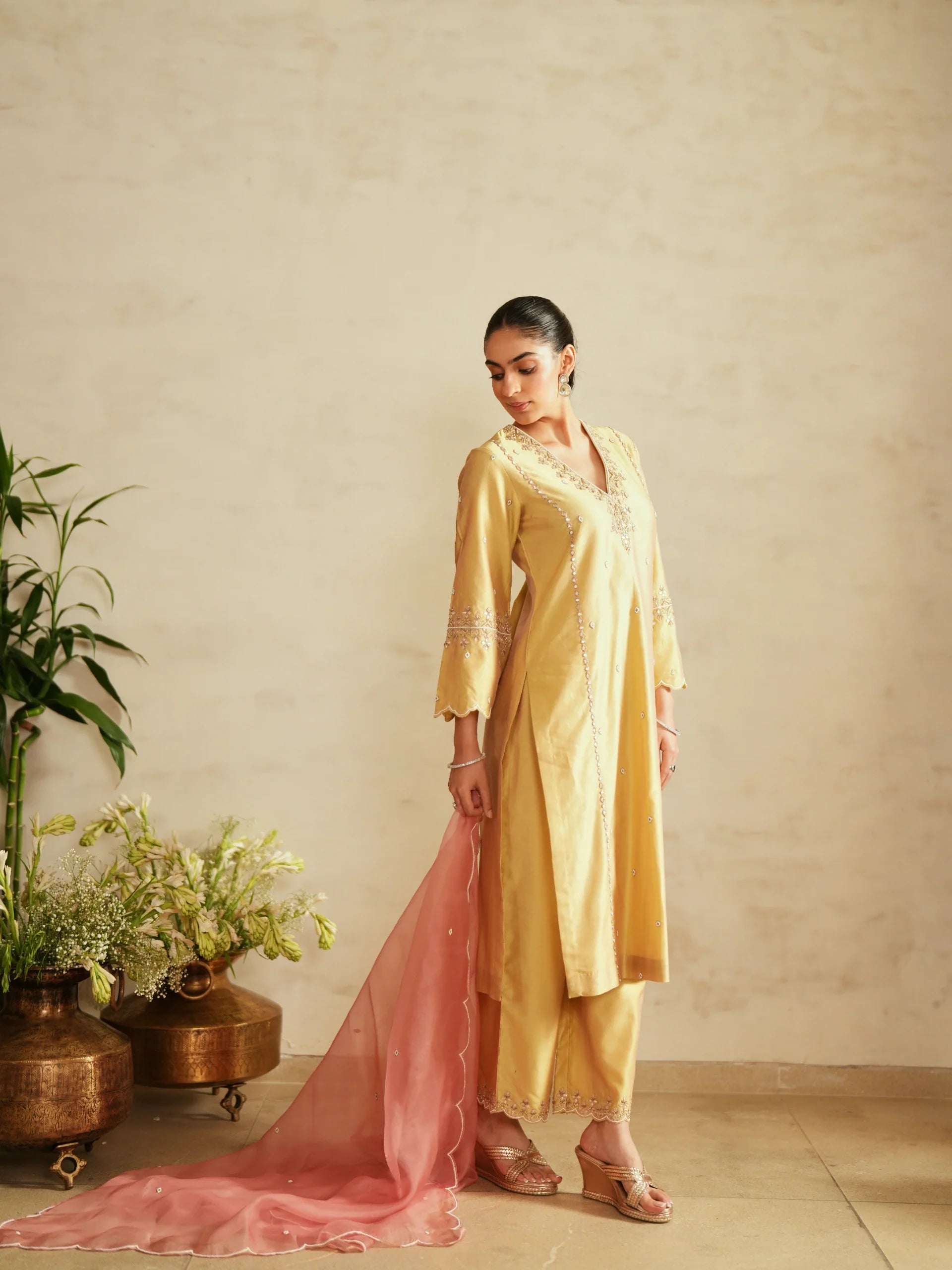 Chanderi Suit With Embroidered Pants And Dupatta - Saisha