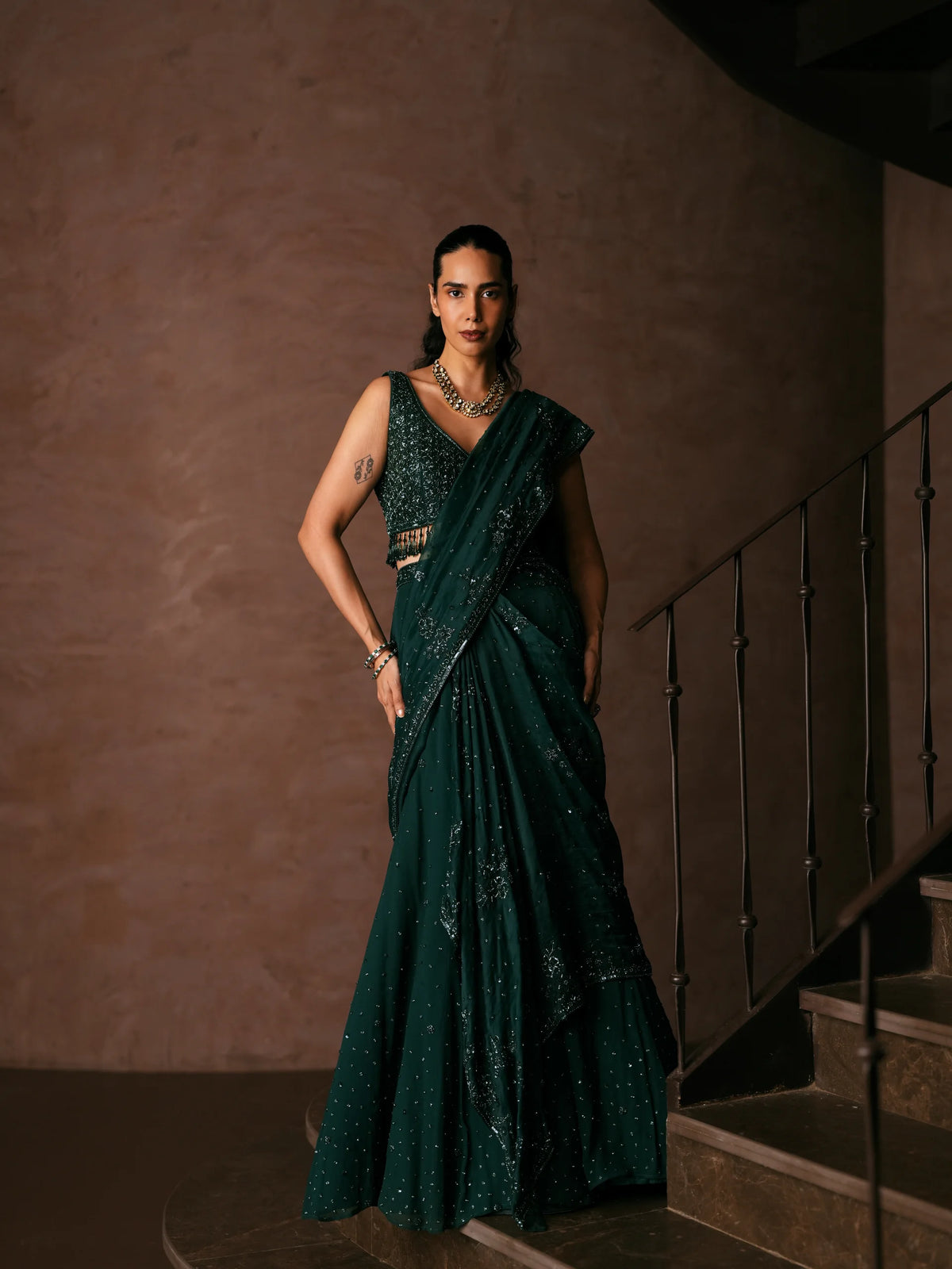 Emerald Green Sequined Saree With Blouse