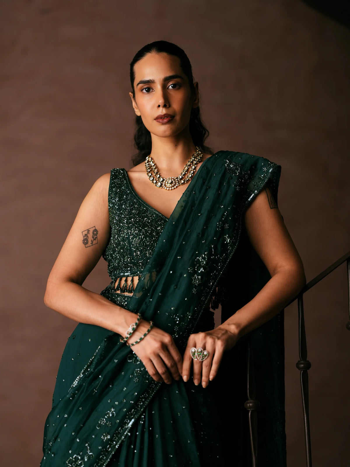 Emerald Green Sequined Saree With Blouse
