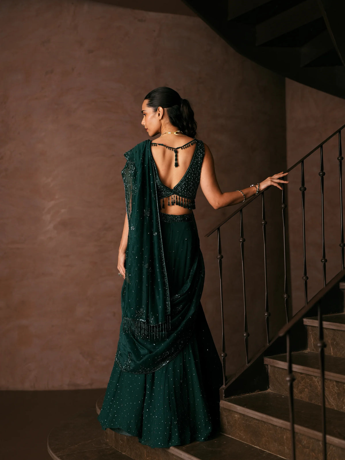 Emerald Green Sequined Saree With Blouse