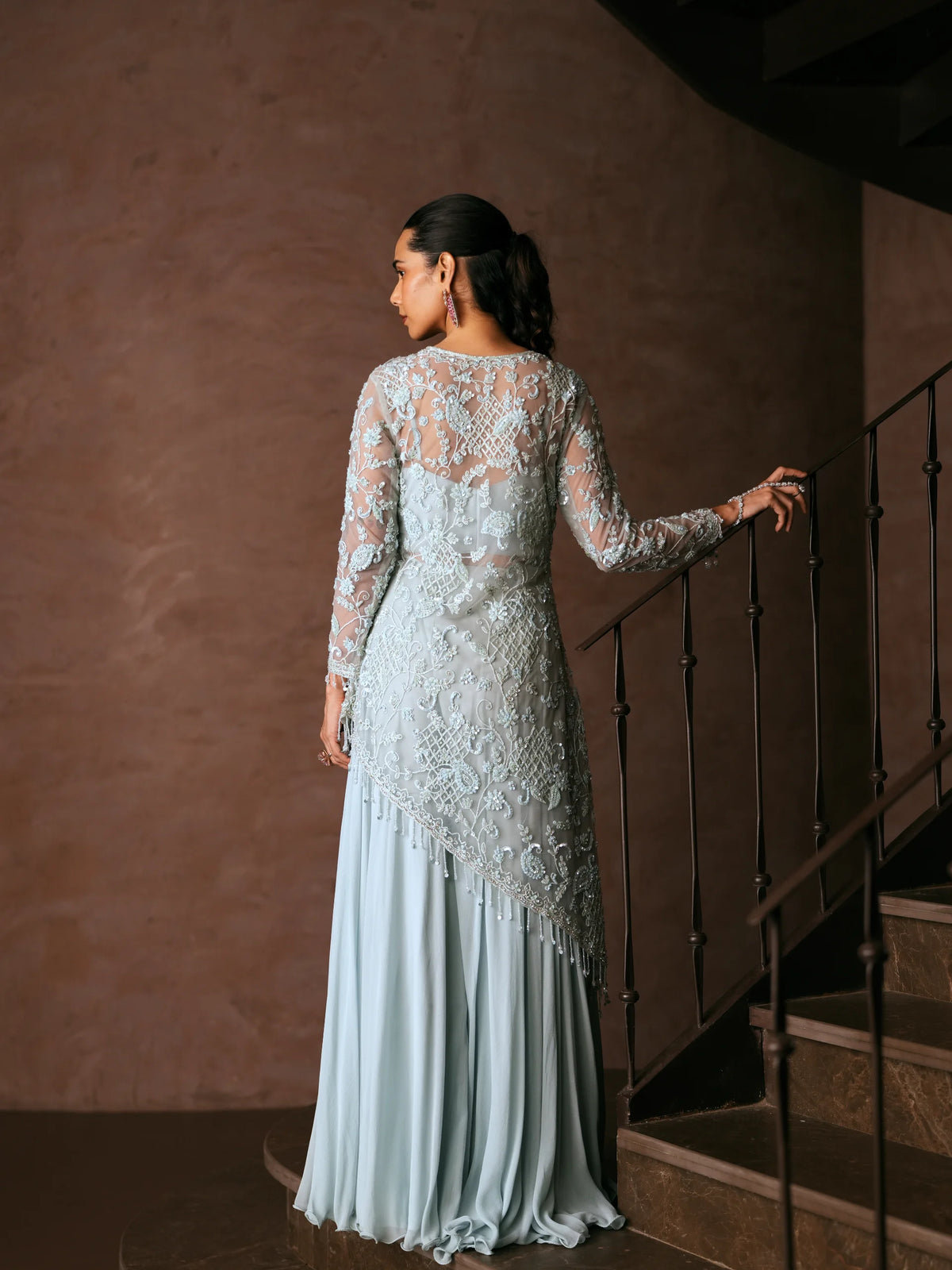 Powder Blue Asymmetric Tunic With Bustier And Sharara