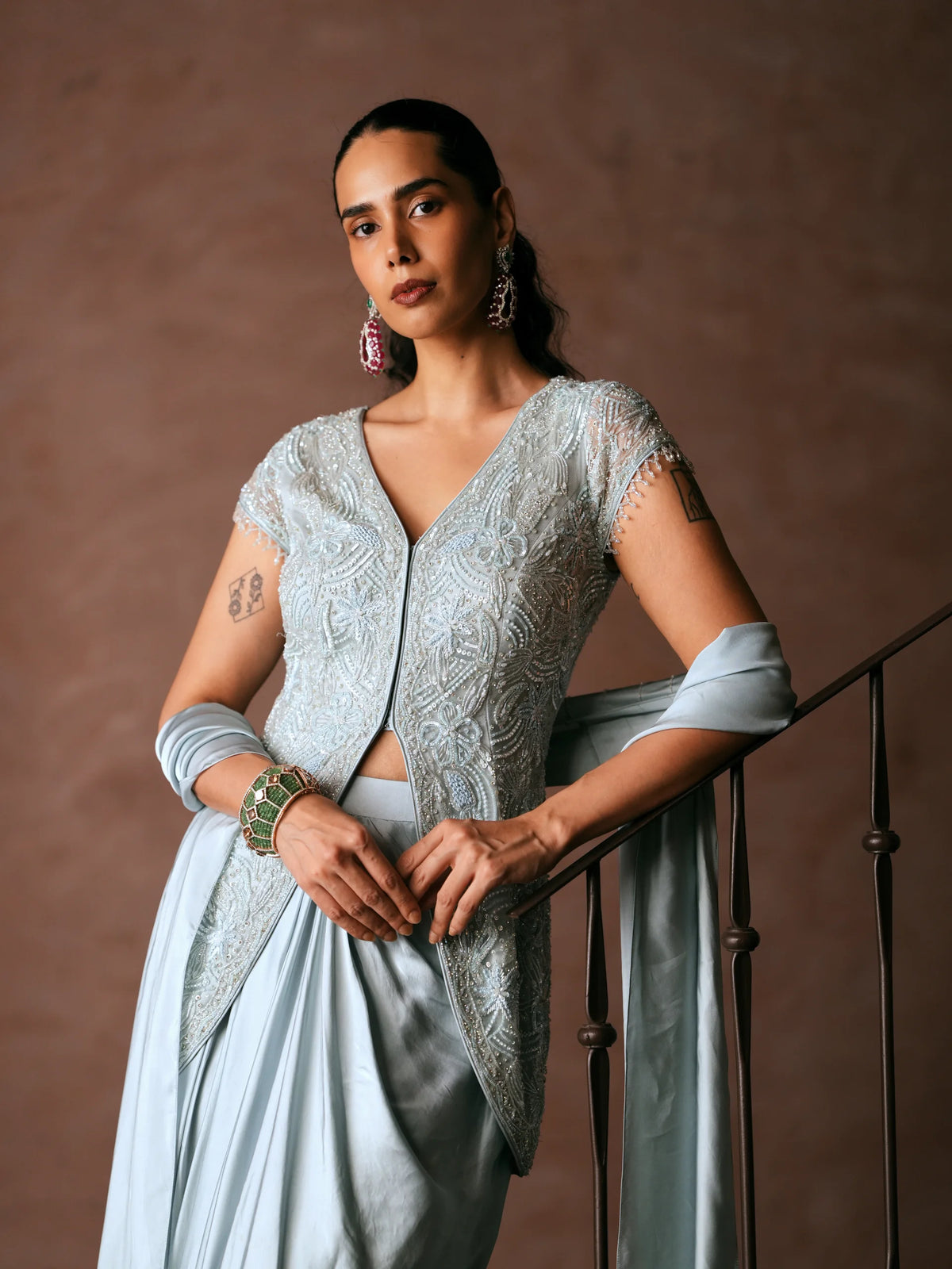 Embroidered Jacket With Draped Skirt And Stole