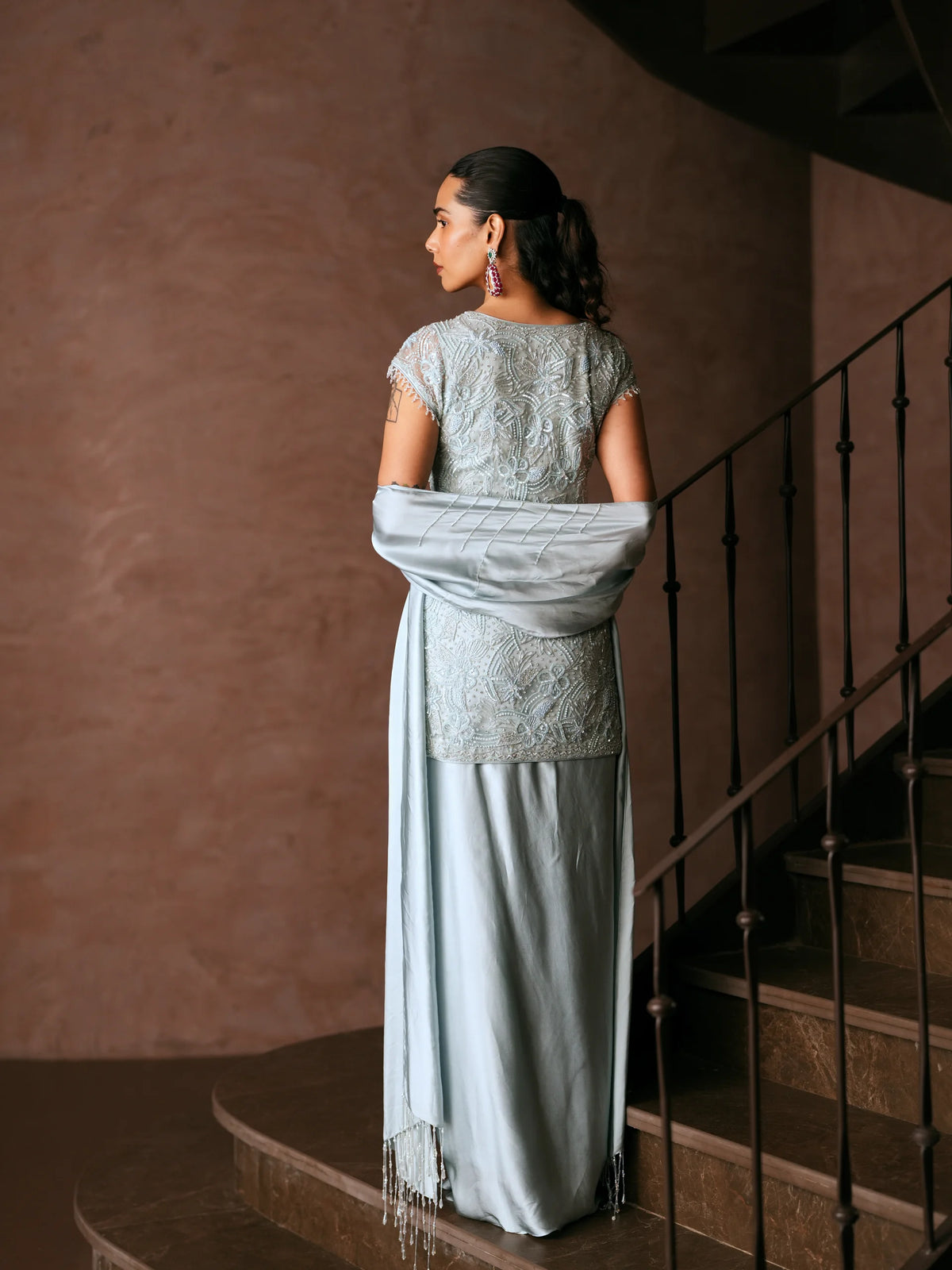 Embroidered Jacket With Draped Skirt And Stole