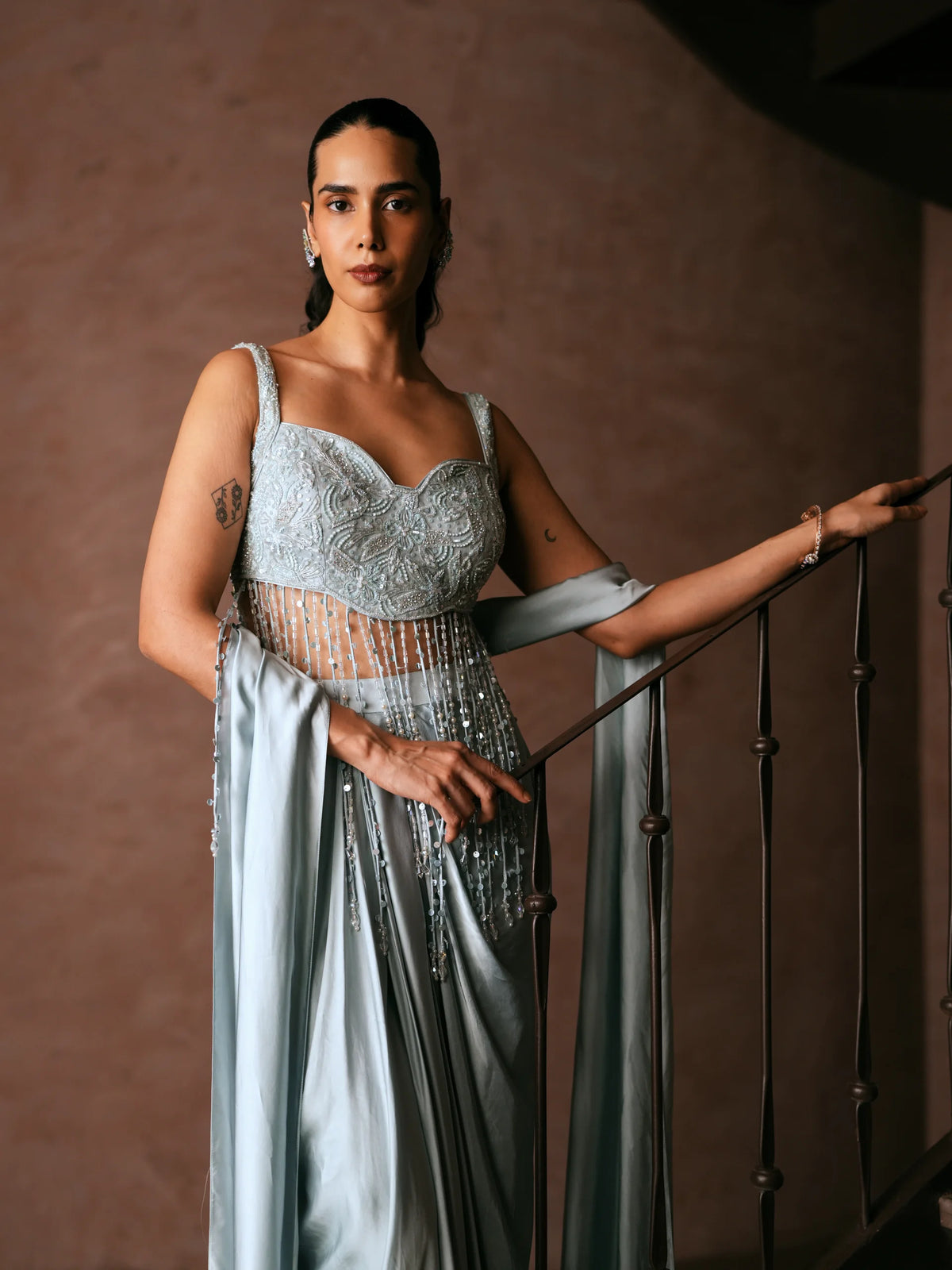 Ice Blue Draped Saree With Embroidered Blouse