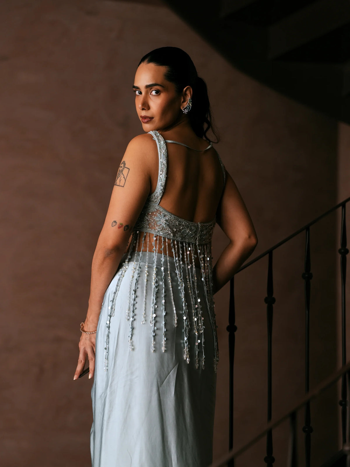 Ice Blue Draped Saree With Embroidered Blouse