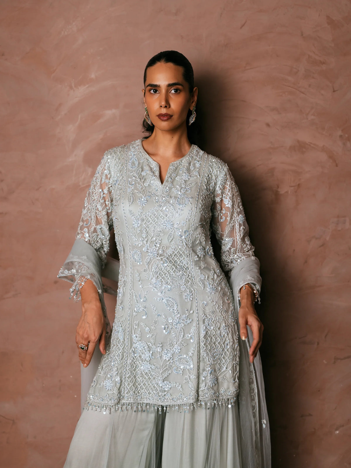 Embroidered Kurta With Sharara And Dupatta