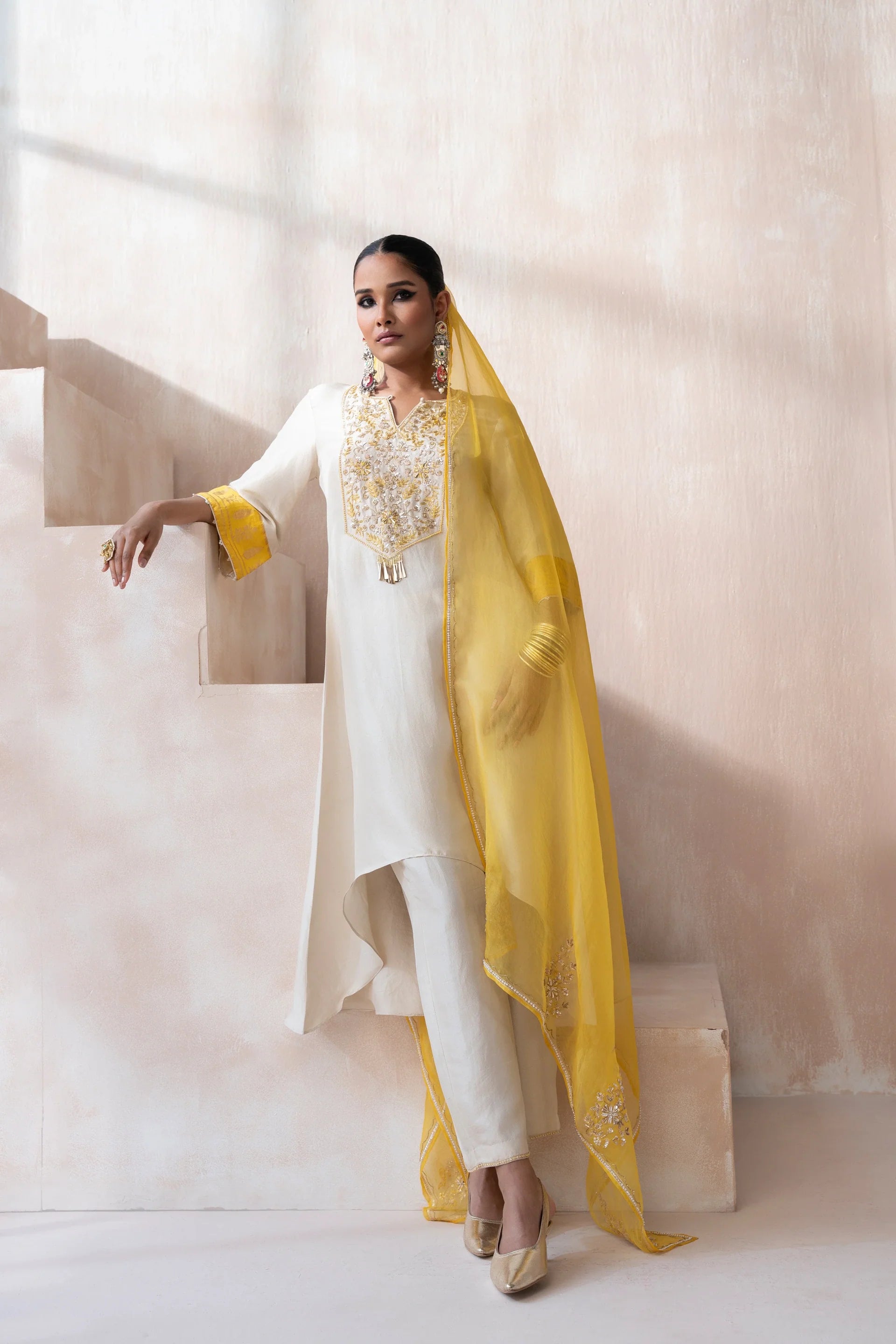 High-Low Shirt with Pants and Dupatta - Saisha