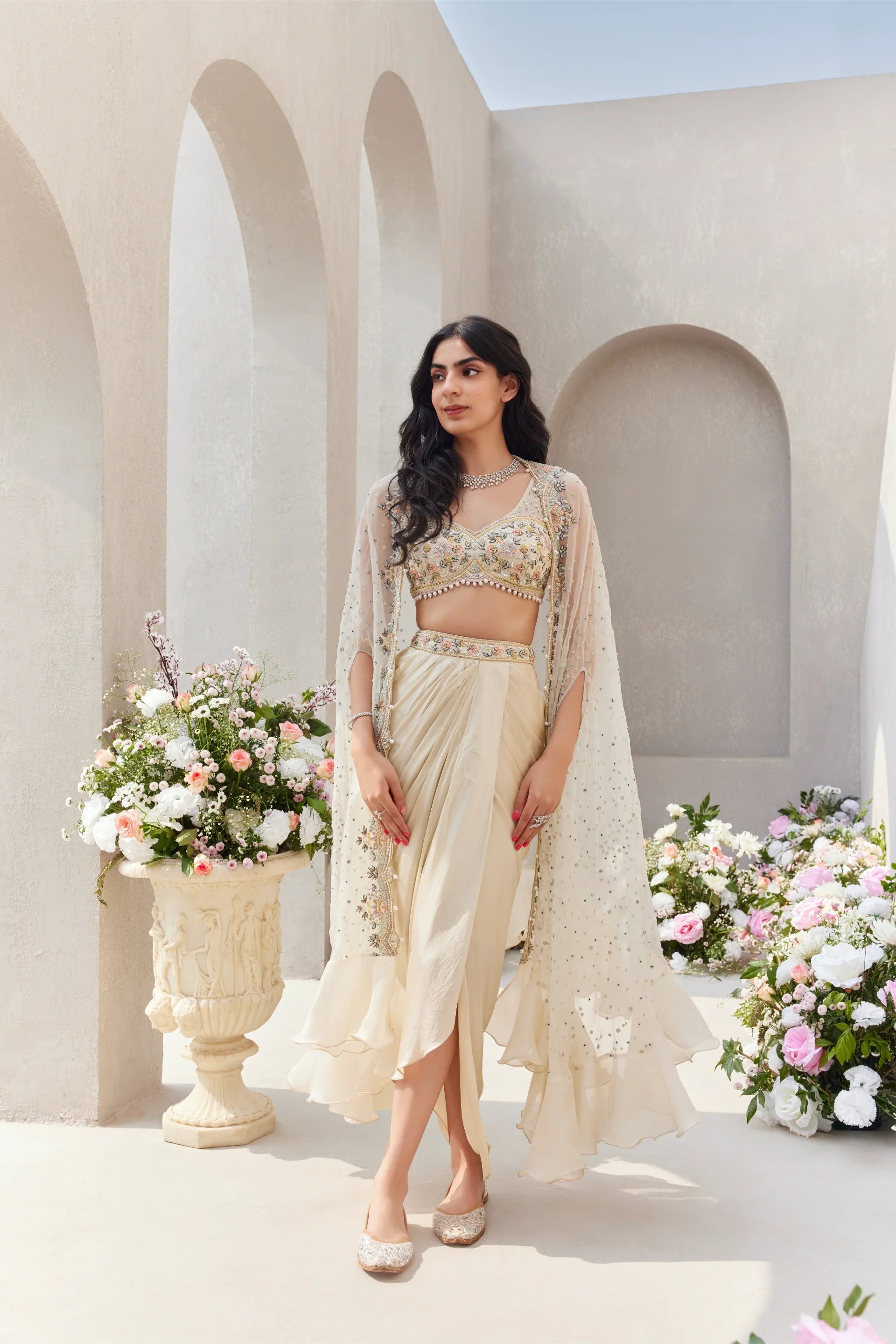 Blouse With Dhoti And Cape - Saisha