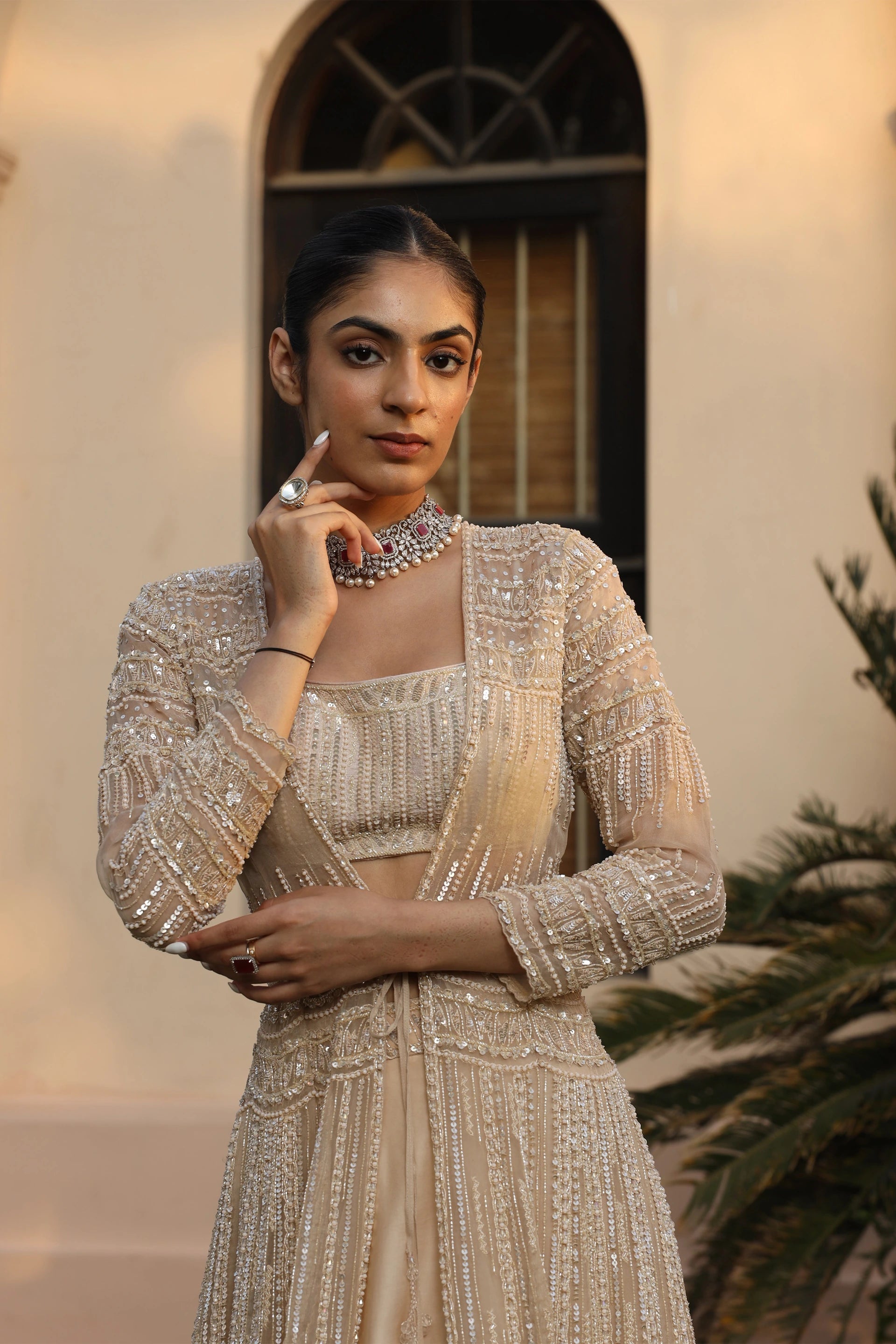 Golden long jacket lehenga discount