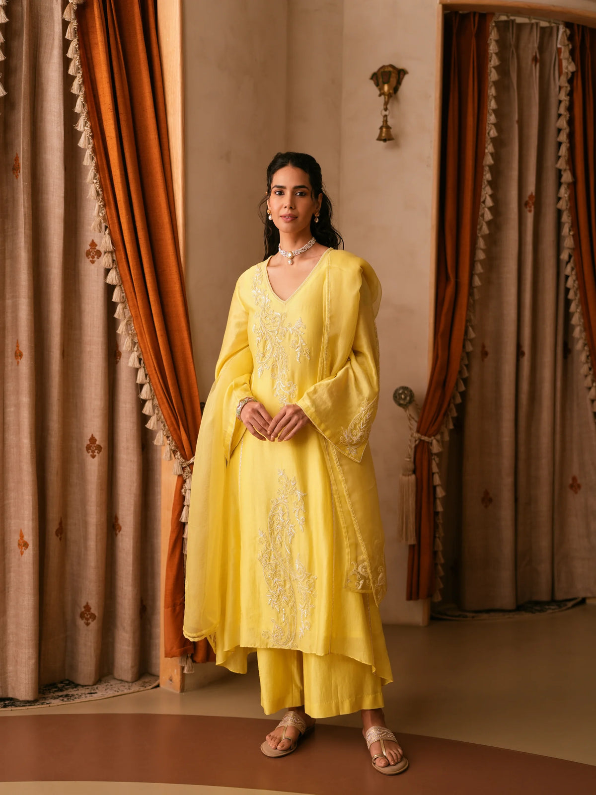 Chanderi Suit With Embroidered Pants And Dupatta