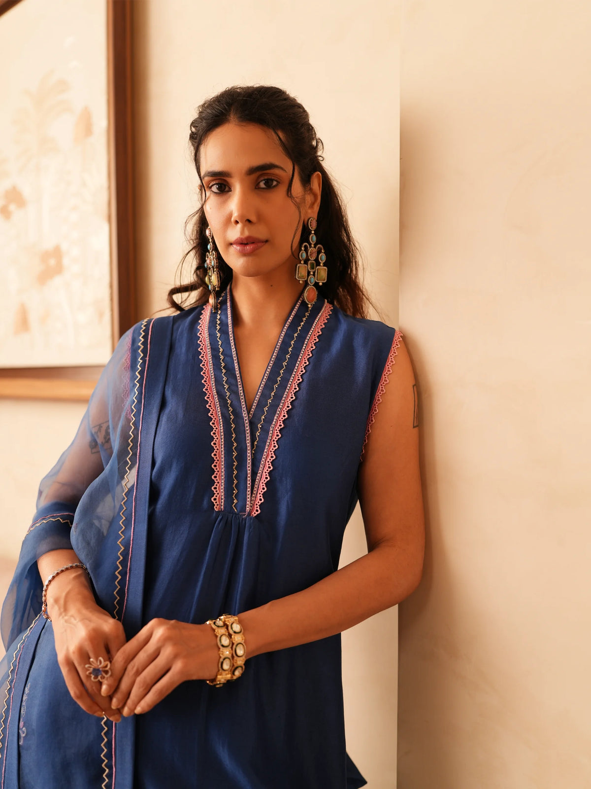 Chanderi Suit With Embroidered Pants And Dupatta