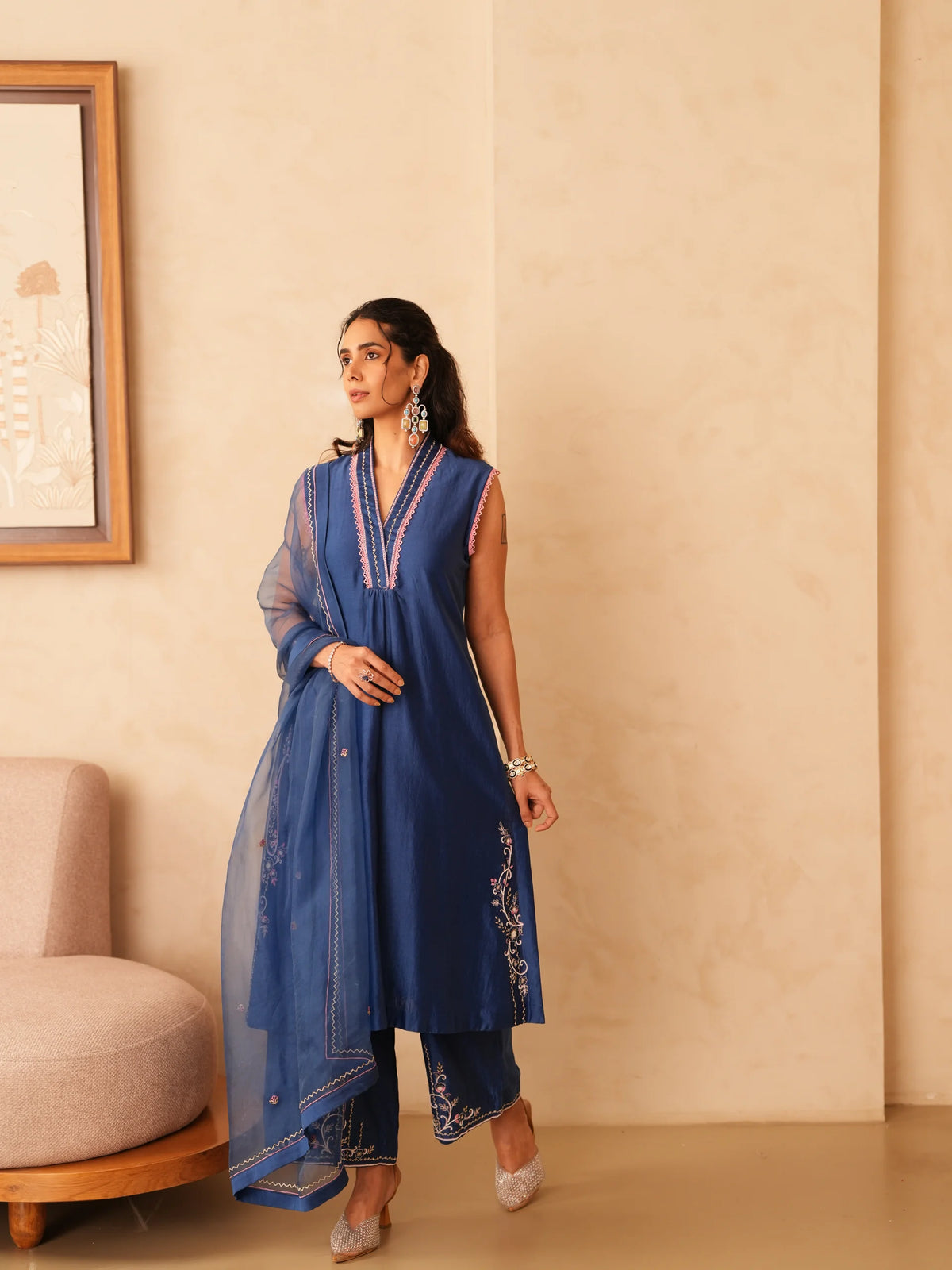 Chanderi Suit With Embroidered Pants And Dupatta