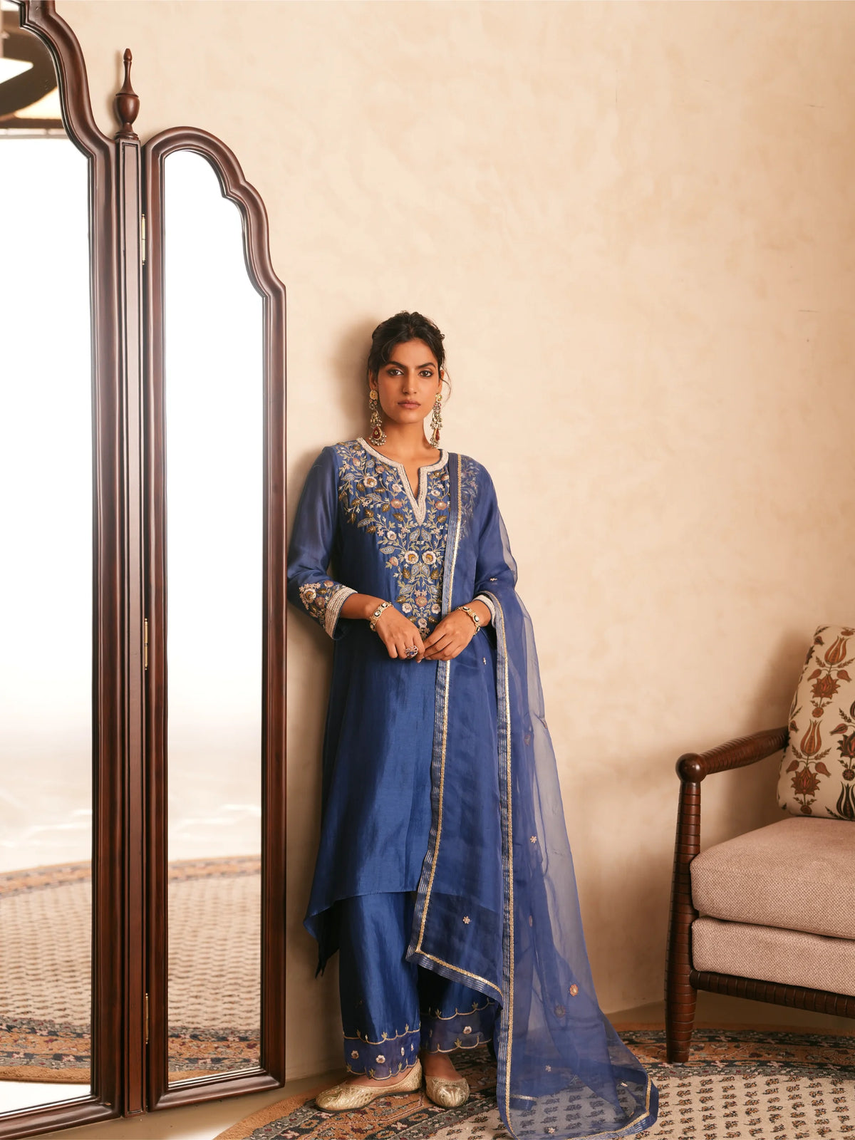 Chanderi Suit With Embroidered Pants And Dupatta