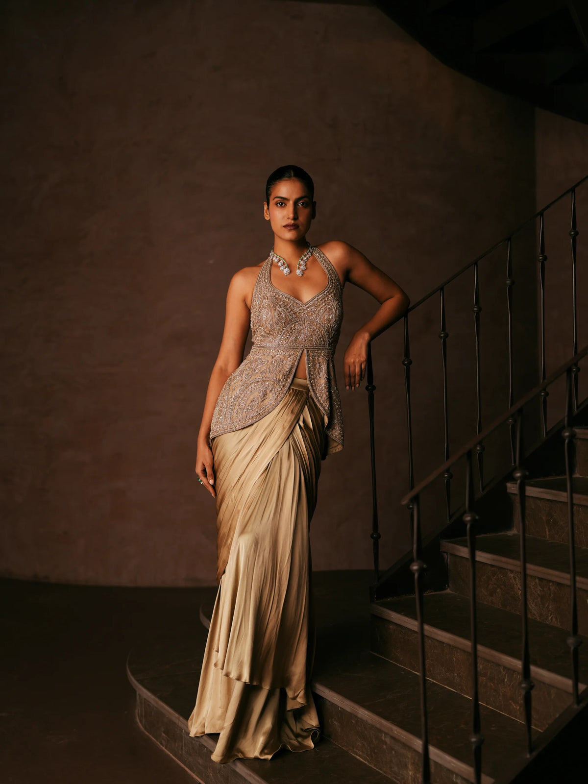 Halter Blouse With Satin Drape Skirt