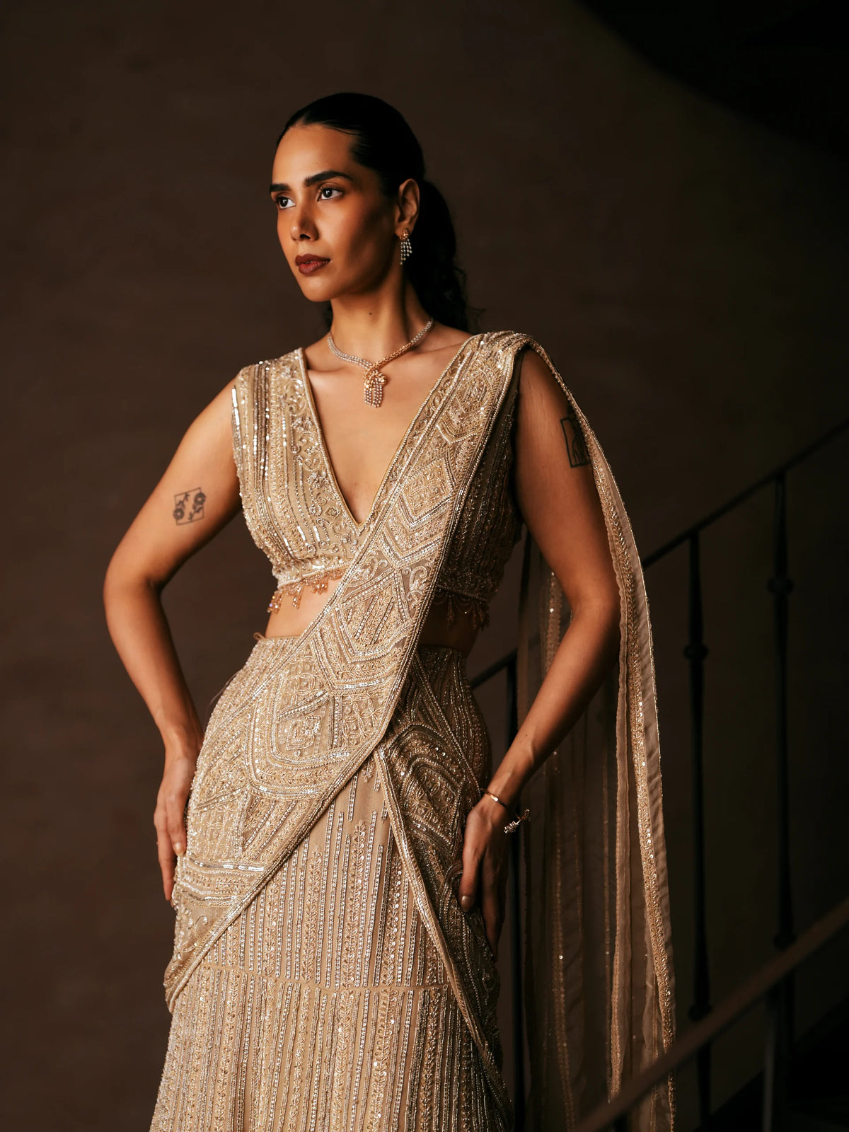 Embroidered Pre-Draped Saree With Blouse