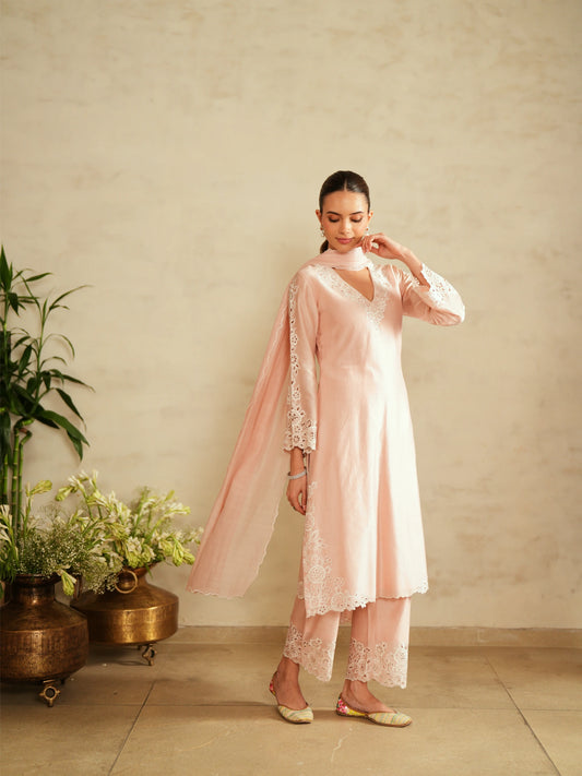 Chanderi Suit With Embroidered Pants And Dupatta