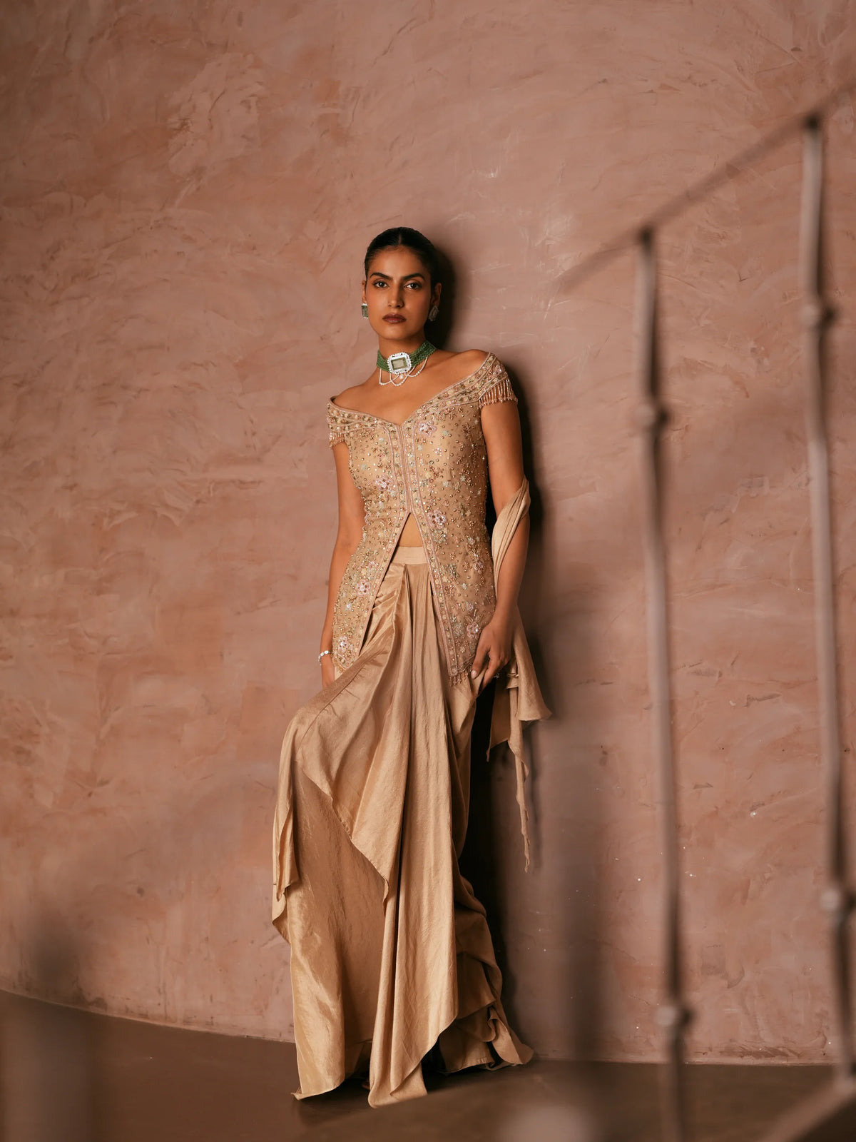 Embroidered Jacket With Draped Dhoti