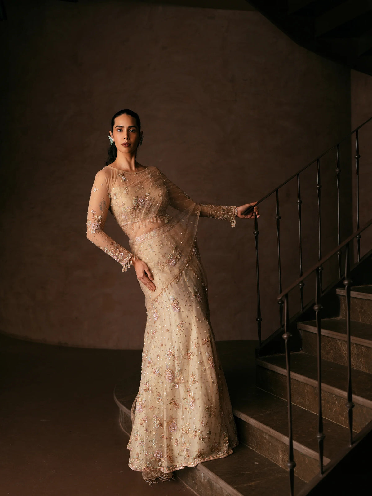 Champagne Floral Embroidered Saree