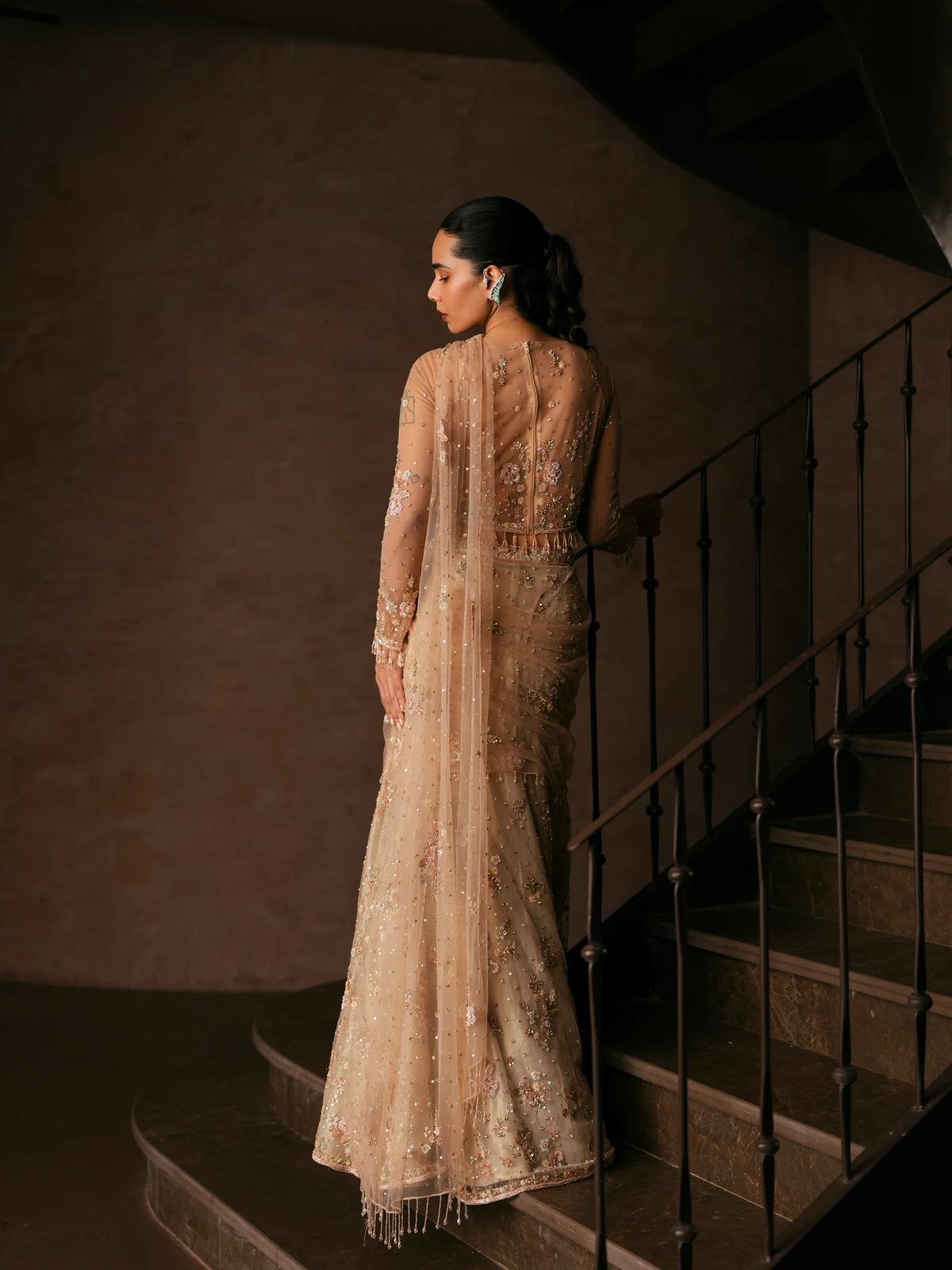 Champagne Floral Embroidered Saree