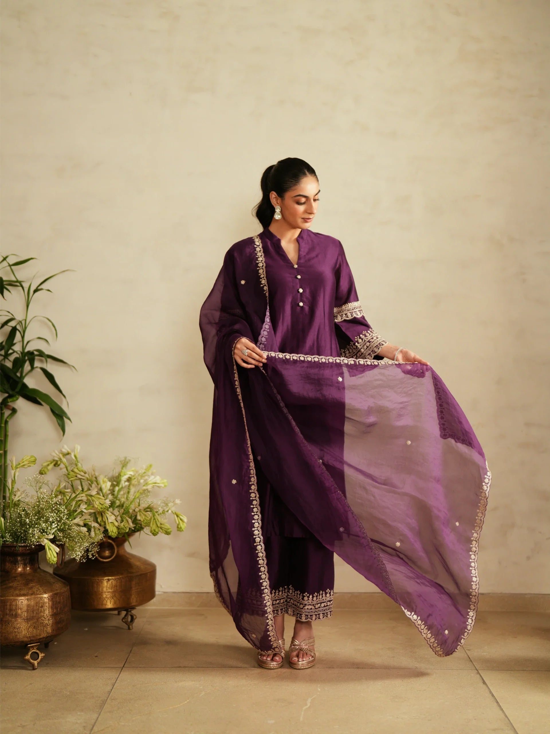Chanderi Suit With Embroidered Pants And Dupatta - Saisha