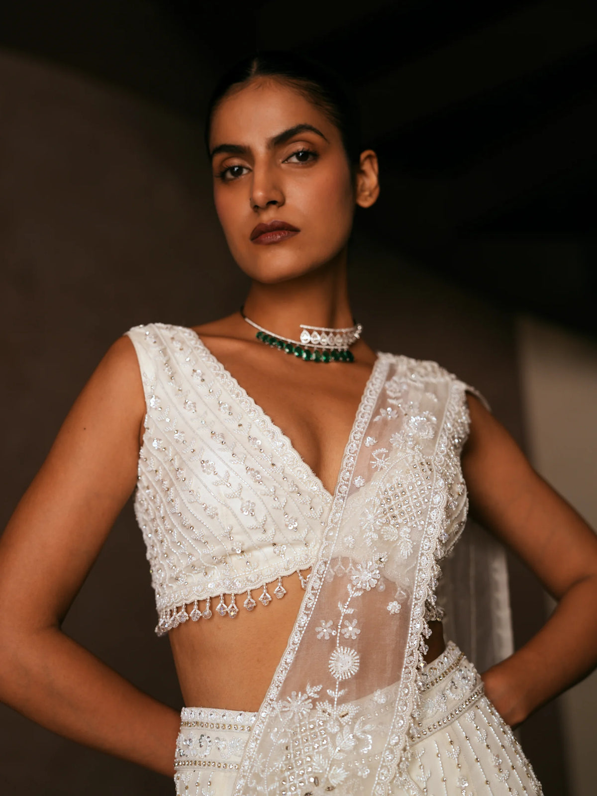 Pearl And Crystal Pre-Draped Saree With Blouse