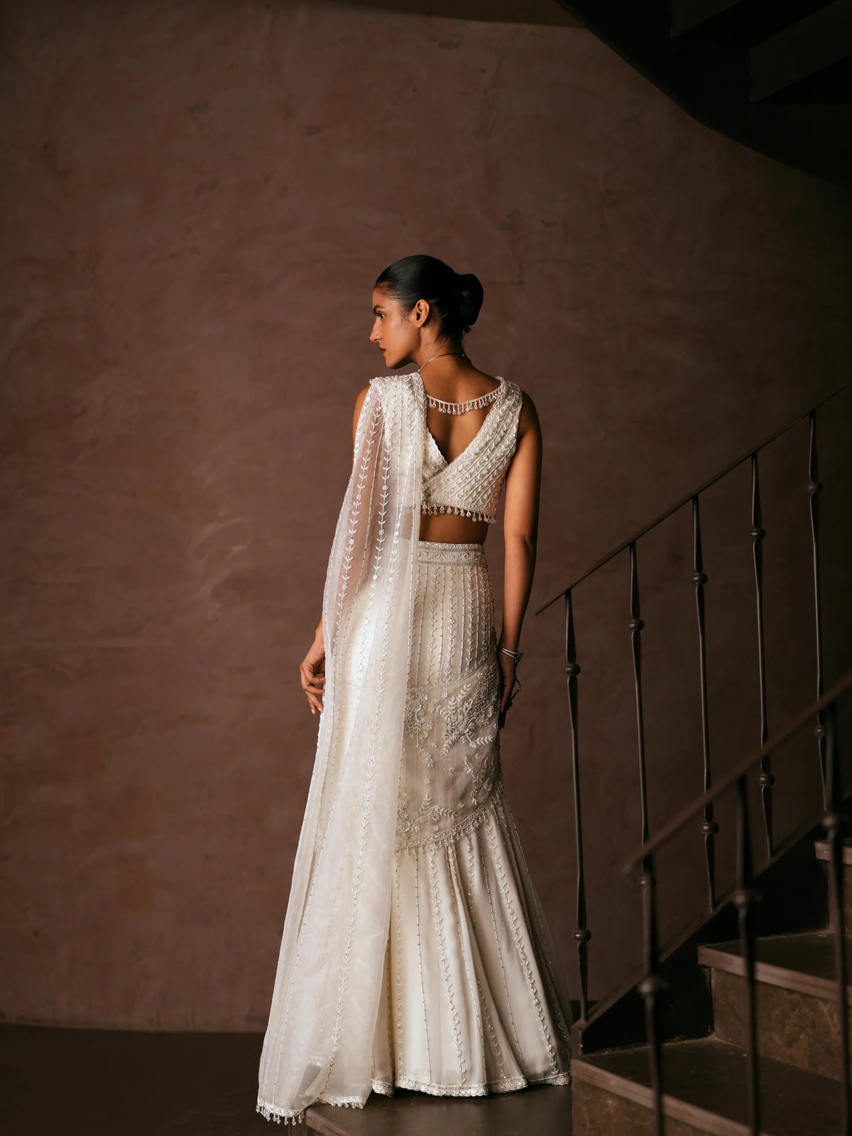 Pearl And Crystal Pre-Draped Saree With Blouse