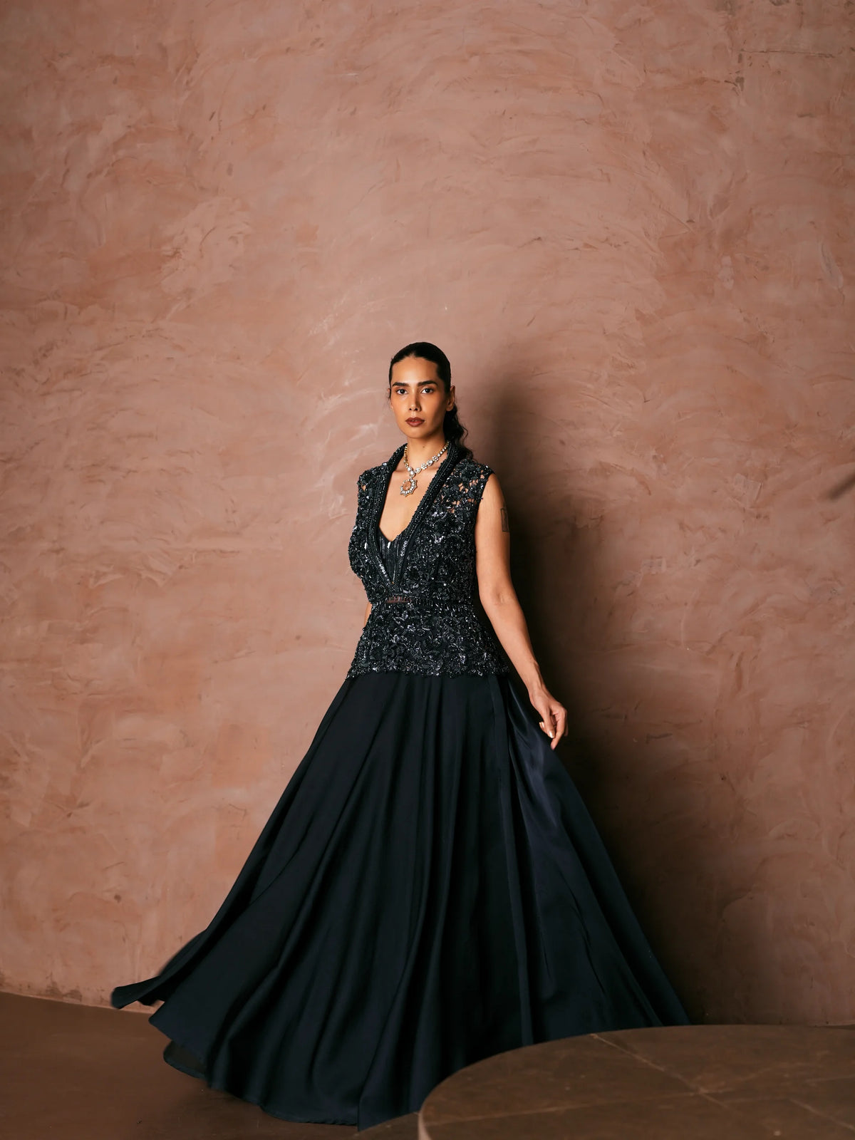 Midnight Blue Embroidered Corset And Skirt Set