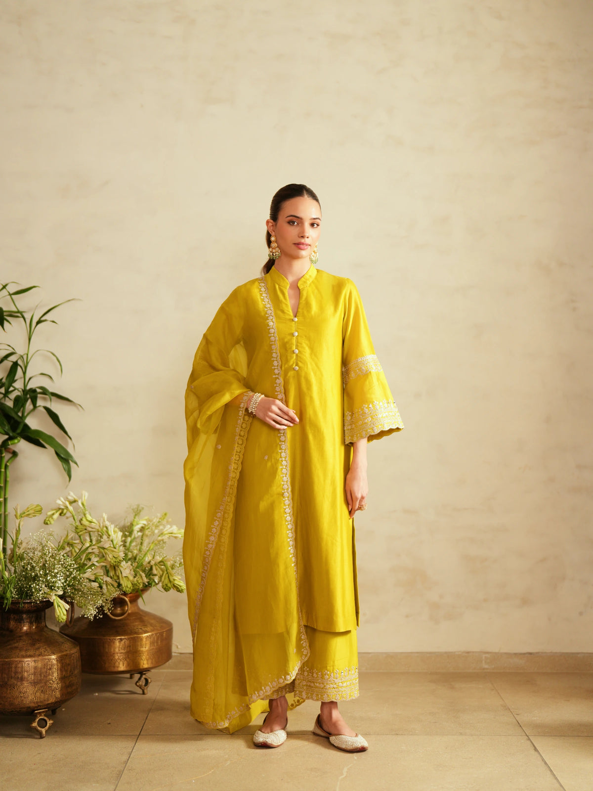 Chanderi Suit With Embroidered Pants And Dupatta