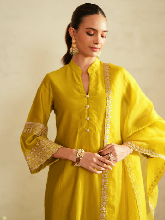 Chanderi Suit With Embroidered Pants And Dupatta