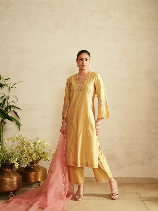 Chanderi Suit With Embroidered Pants And Dupatta