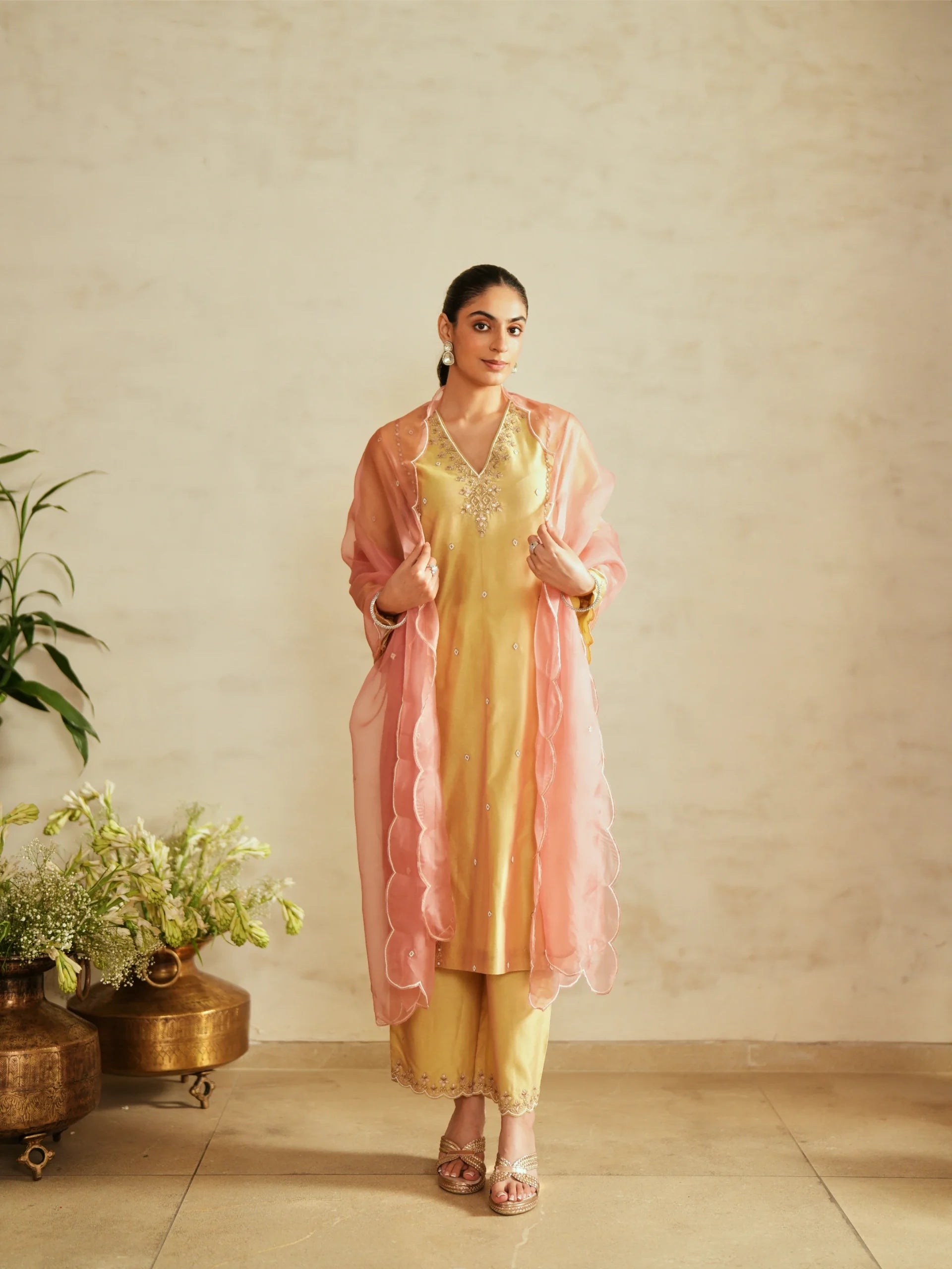 Chanderi Suit With Embroidered Pants And Dupatta - Saisha