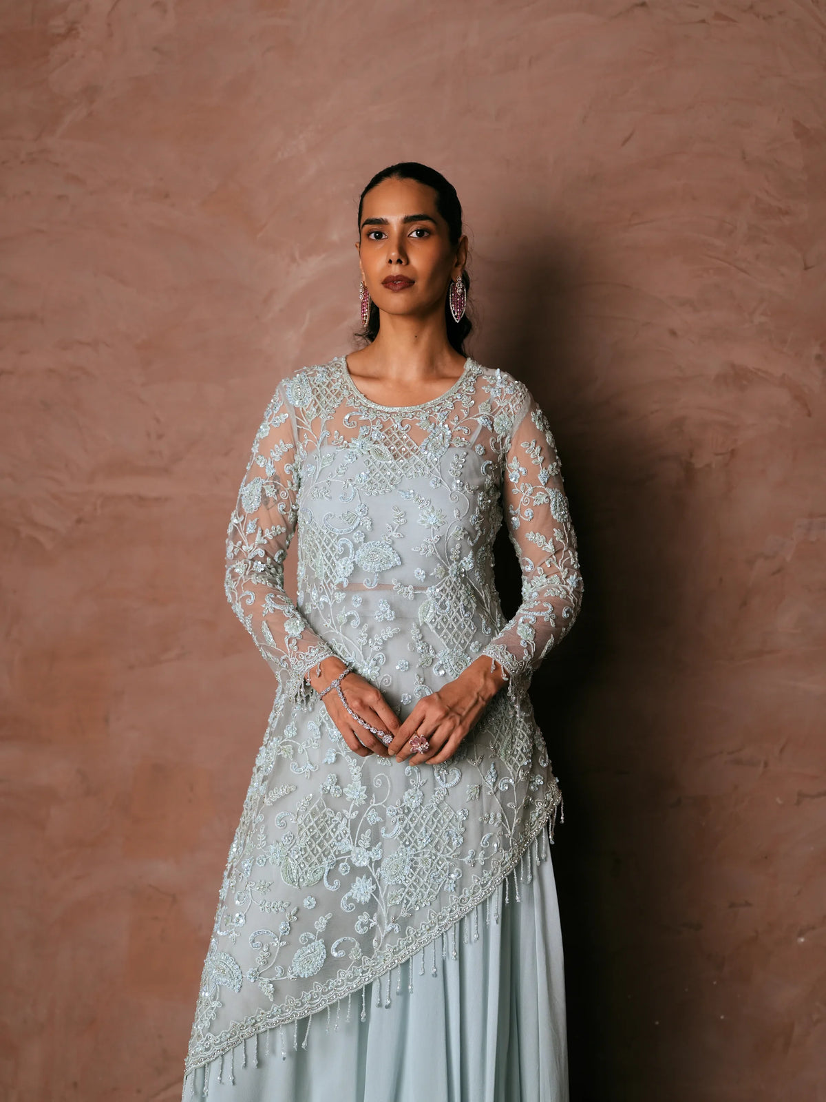 Powder Blue Asymmetric Tunic With Bustier And Sharara