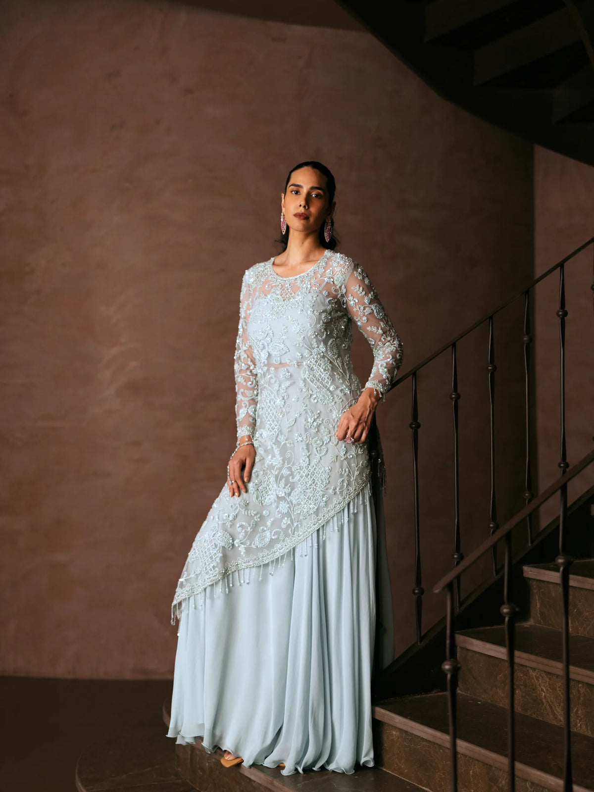 Powder Blue Asymmetric Tunic With Bustier And Sharara