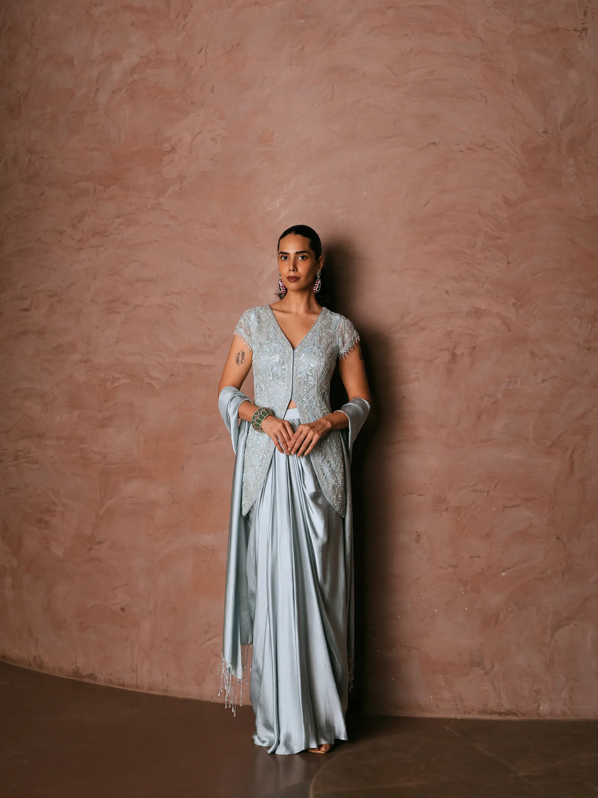 Embroidered Jacket With Draped Skirt And Stole